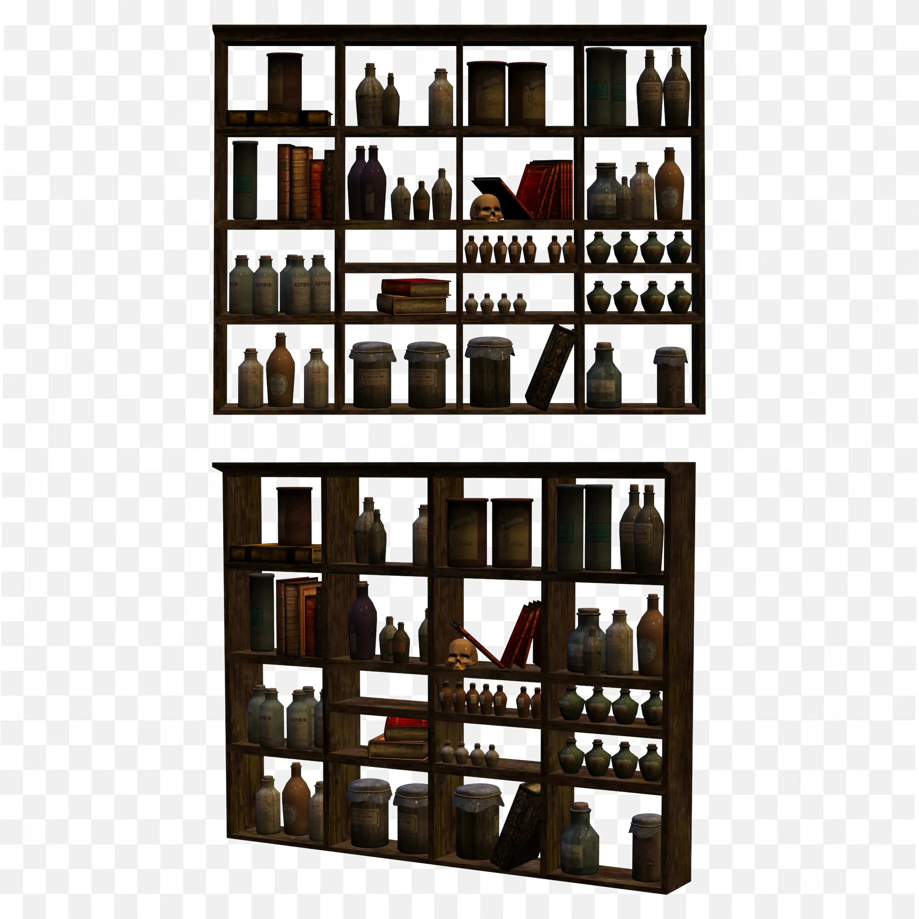 Wooden Shelves Filled with Various Bottles and Jars PNG