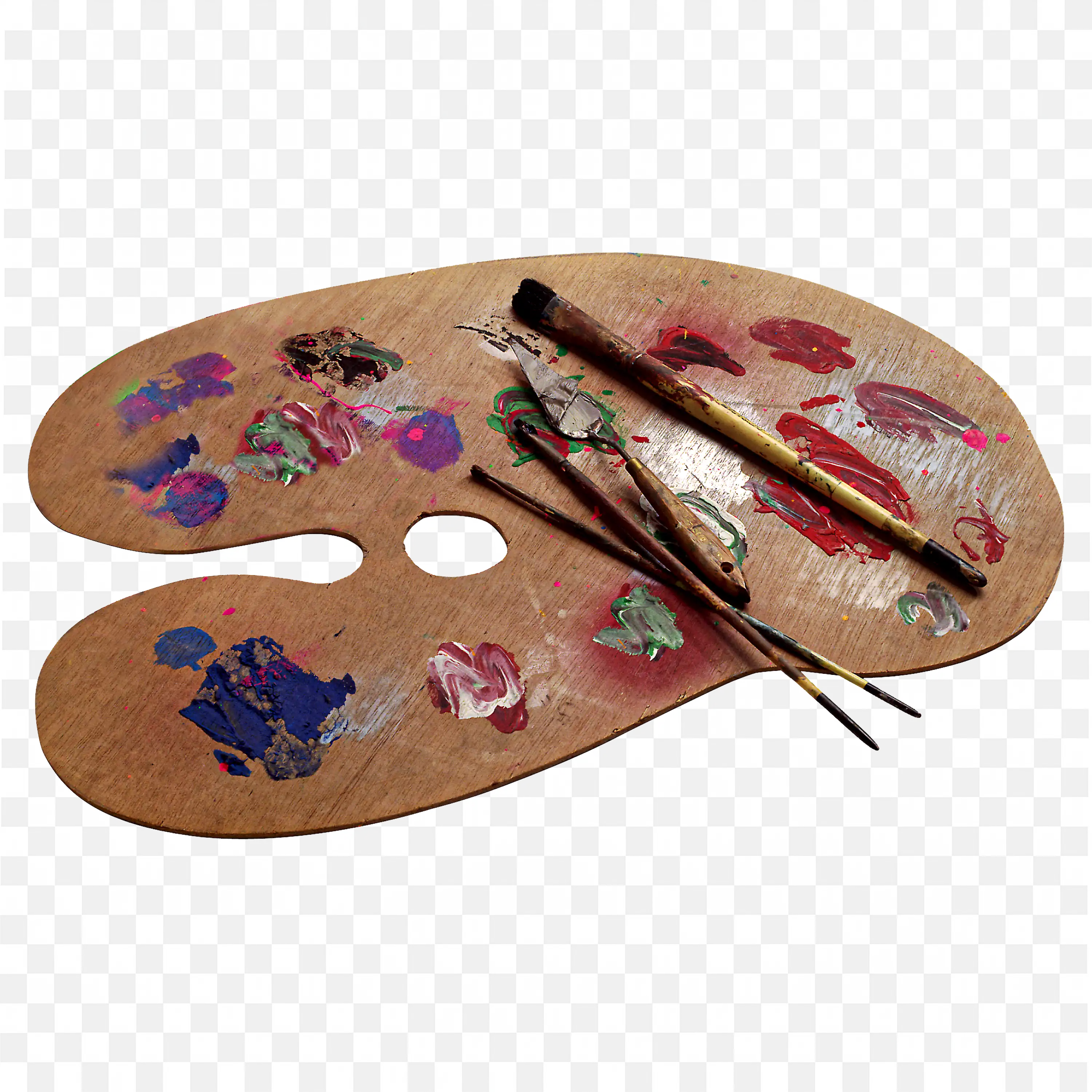 Wooden Artist Palette with Brushes and Used Paints PNG