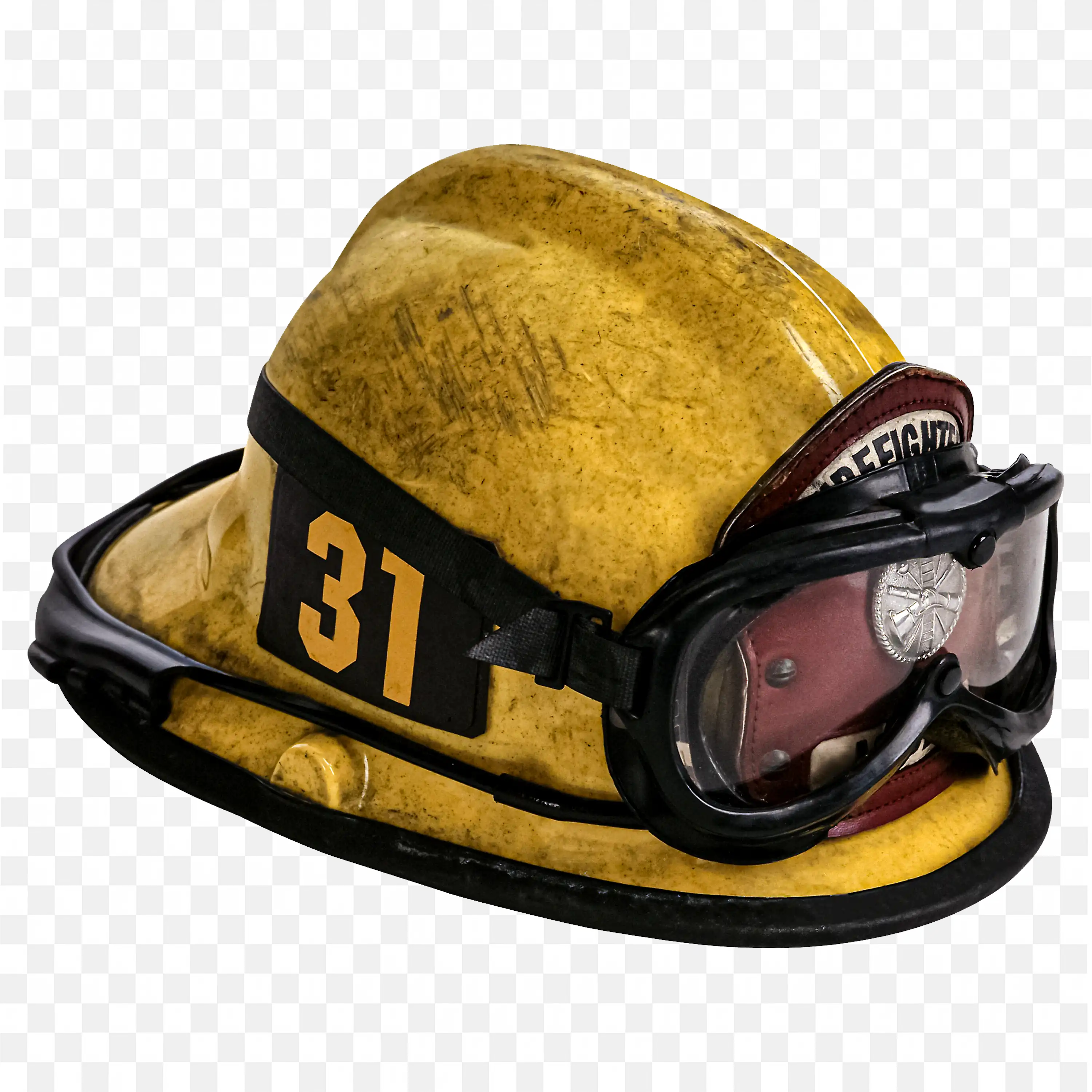 Yellow Firefighter Helmet with Number and Goggles PNG