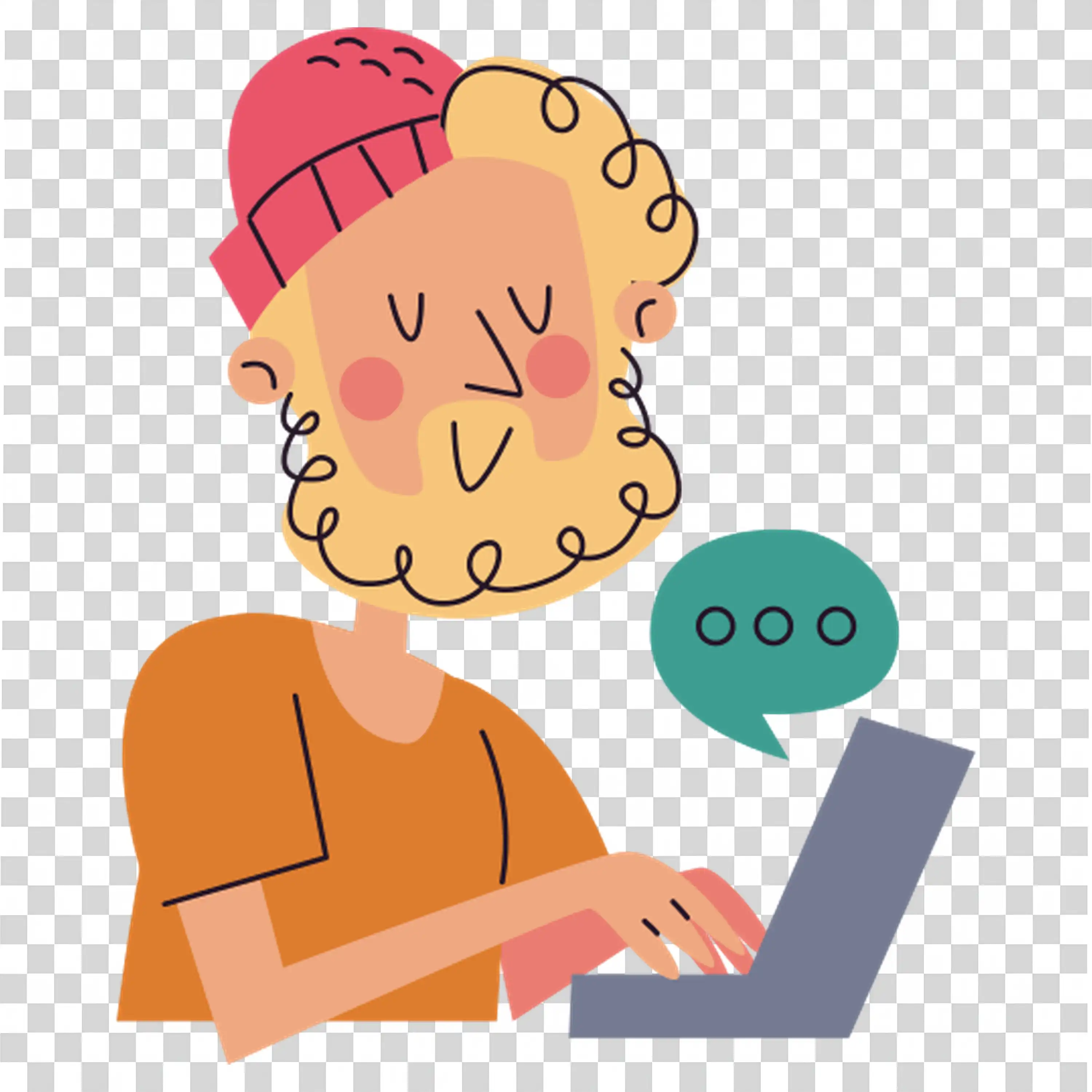 Young man typing on laptop with orange hat and sweater