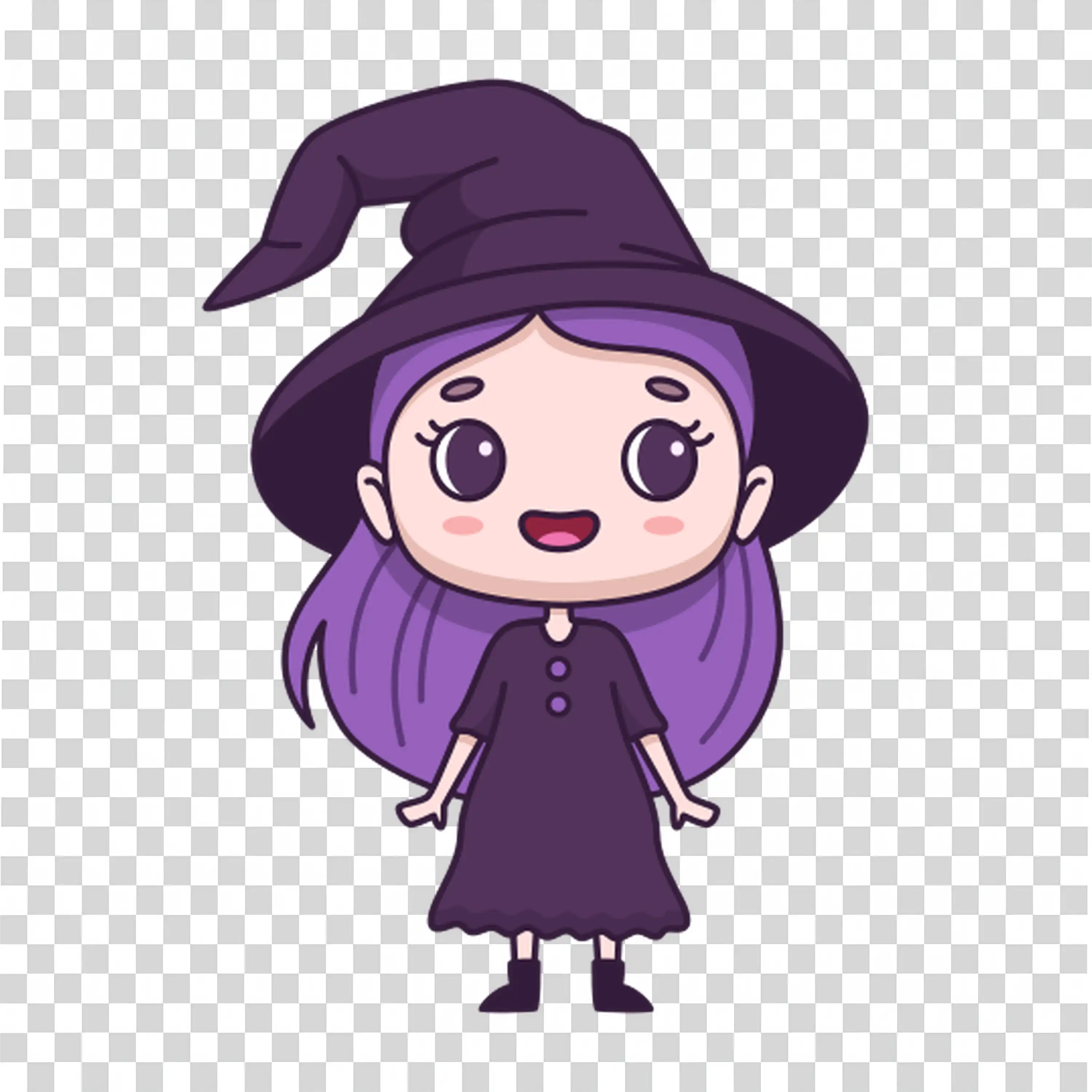 Young witch smiling in purple outfit with cute vibe