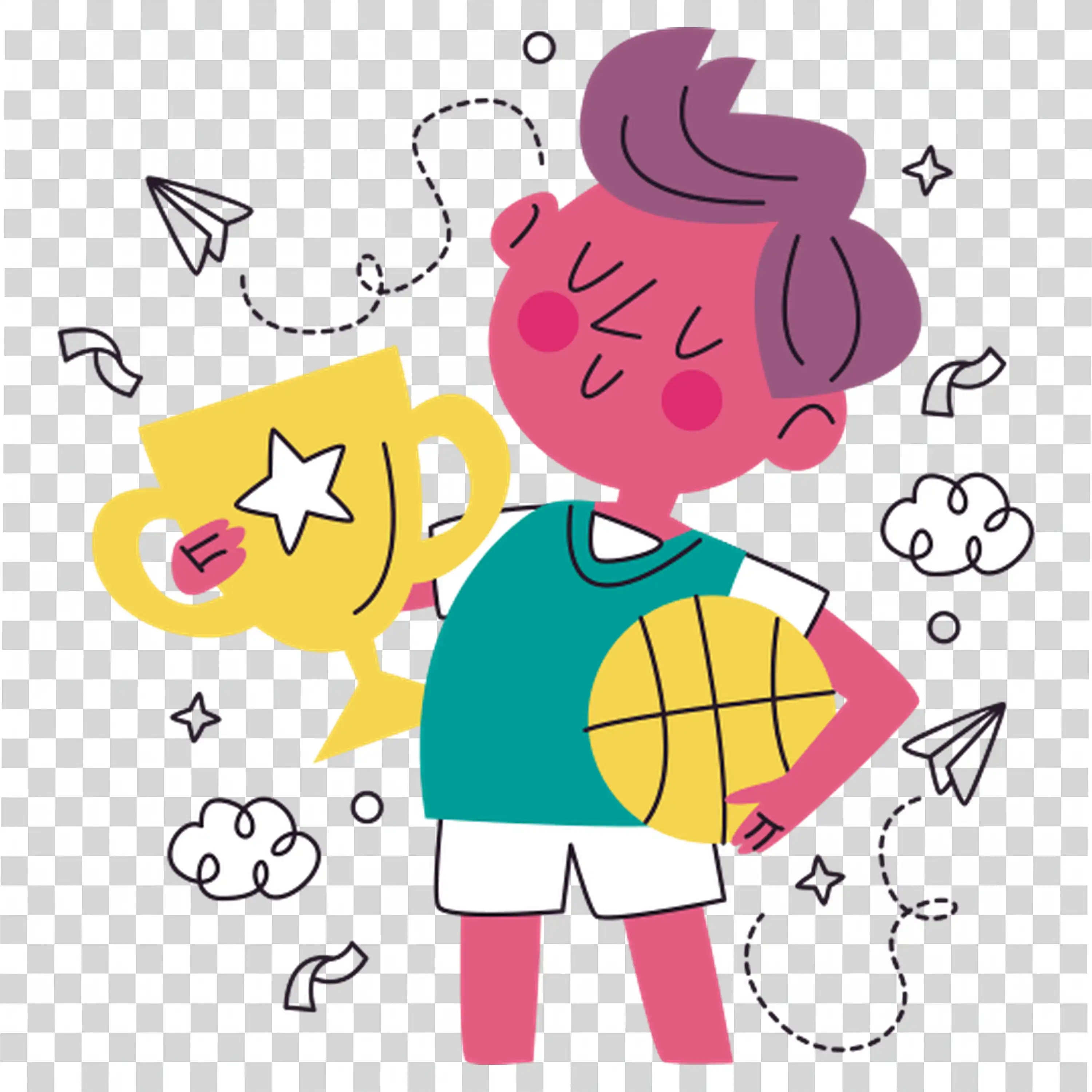 Young woman holding a cat surrounded by fun icons free PNG