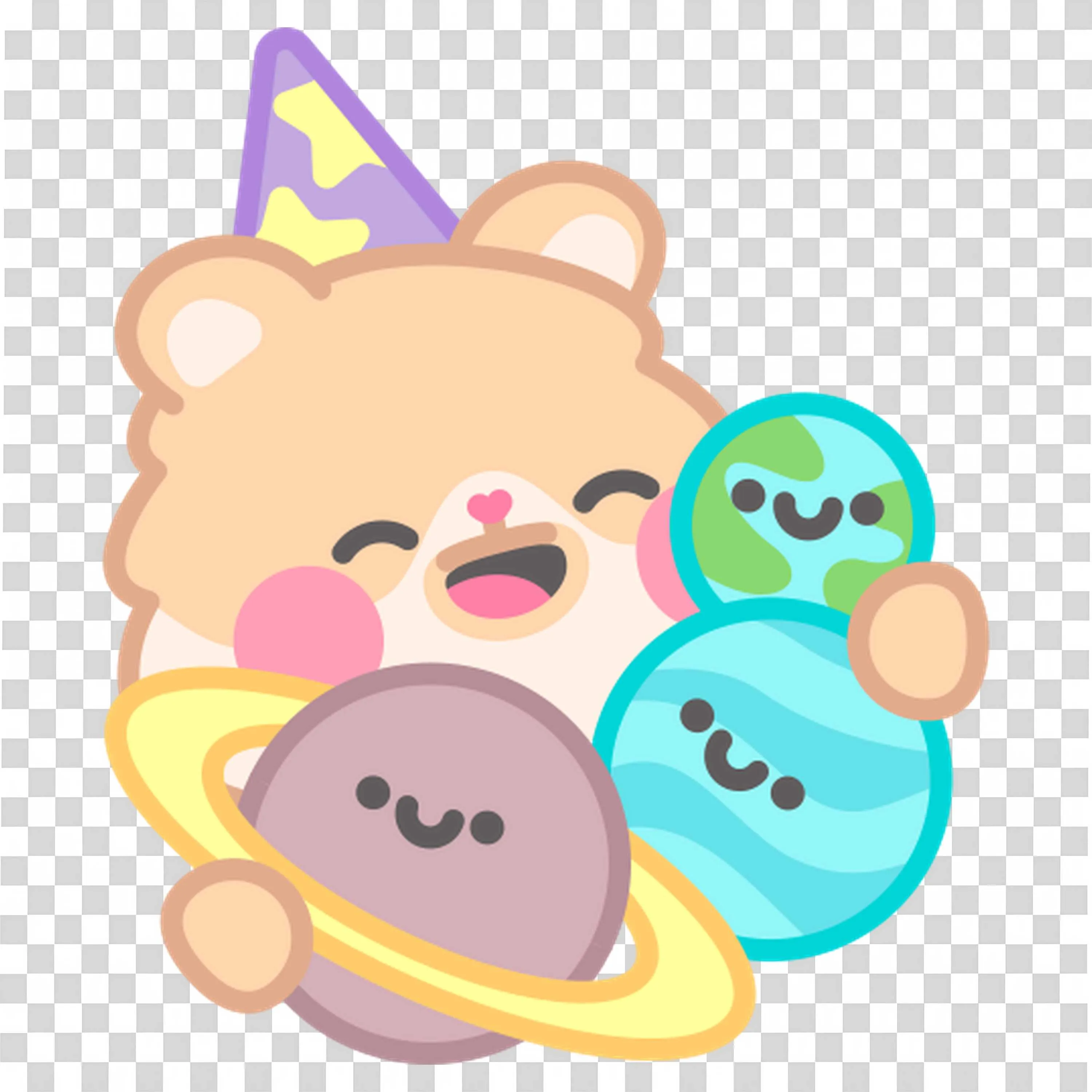 Adorable Bear in Party Hat Holding Smiling Cartoon Planets