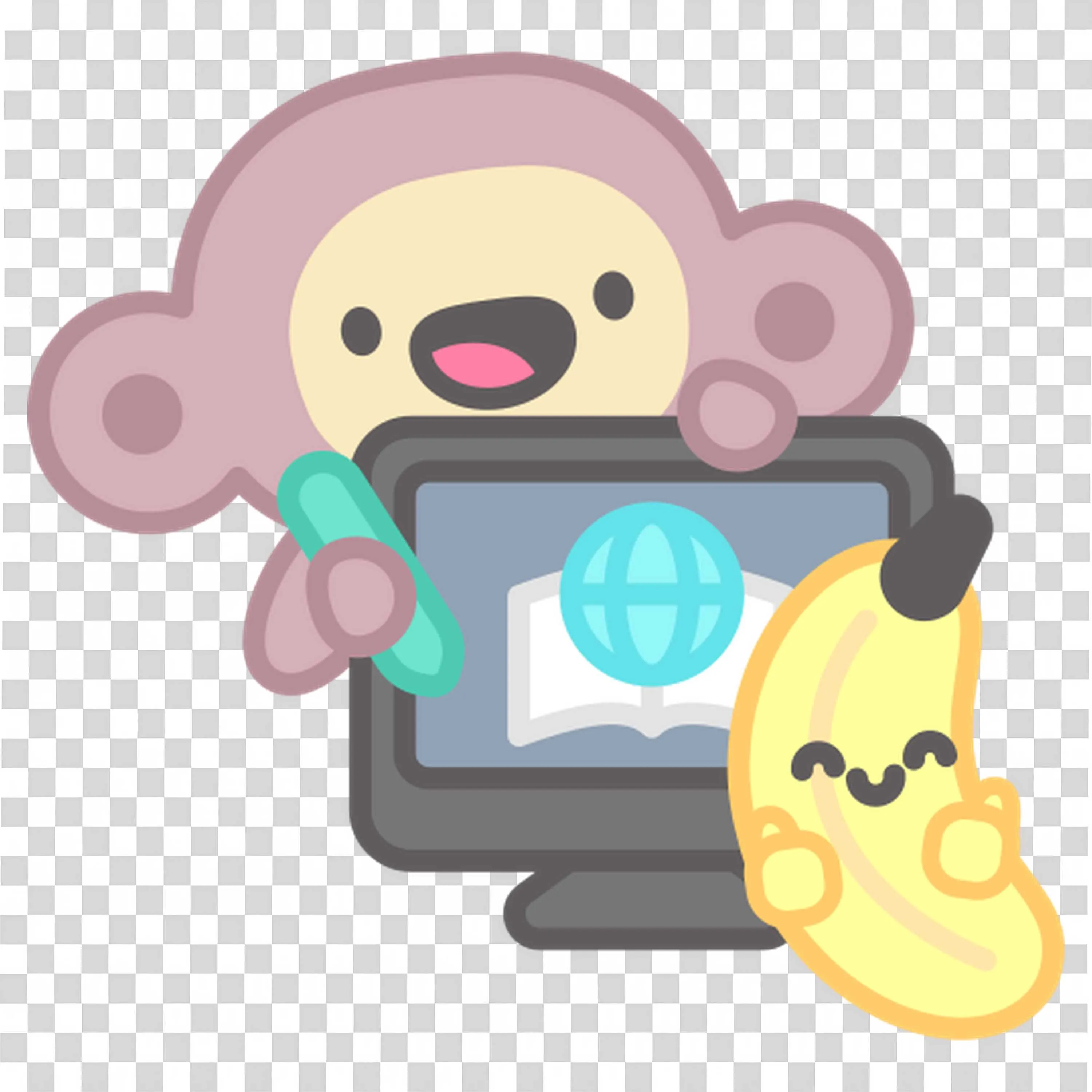 Adorable Monkey Teaching Banana with Laptop Free PNG Image