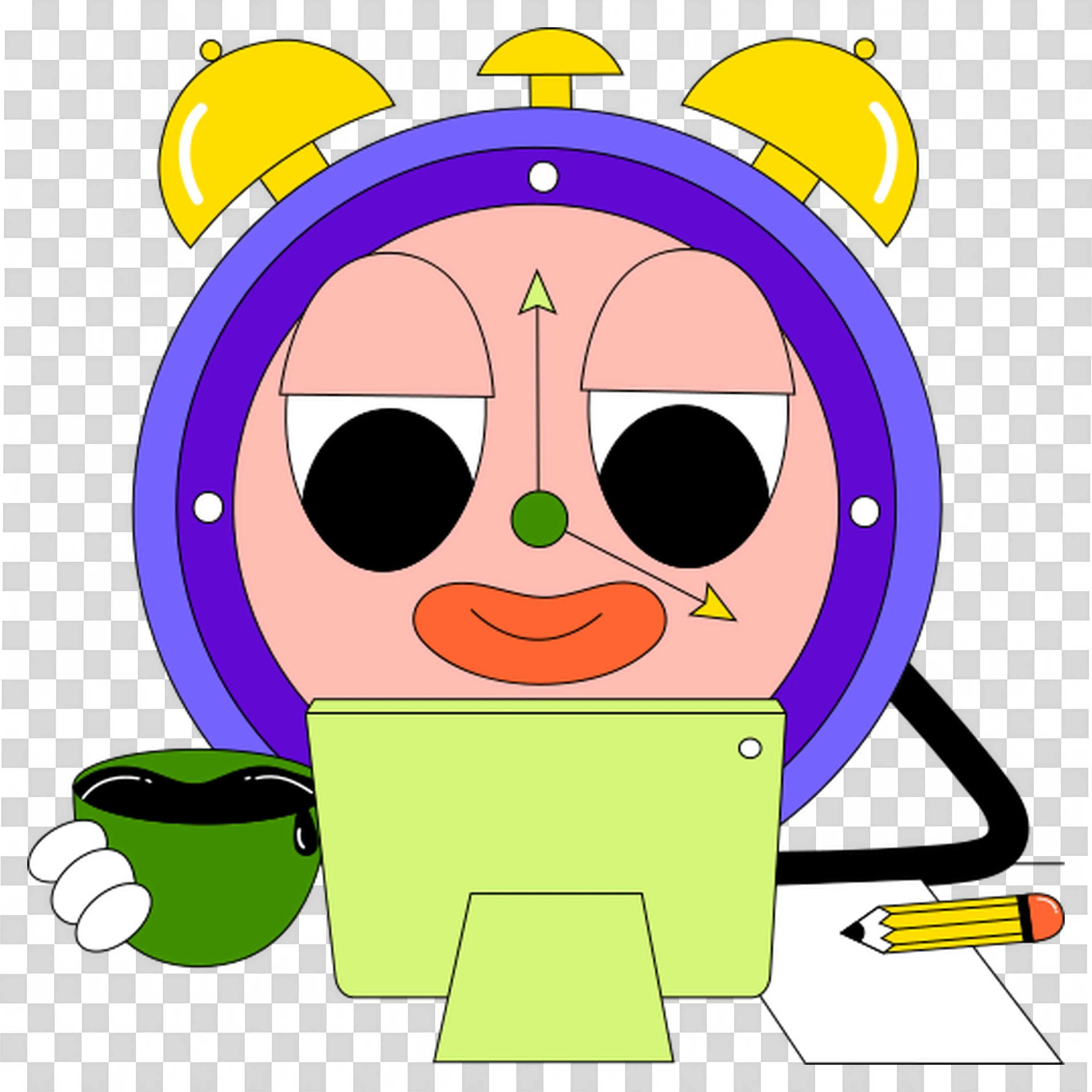 Alarm Clock Character Studying at a Computer with Coffee