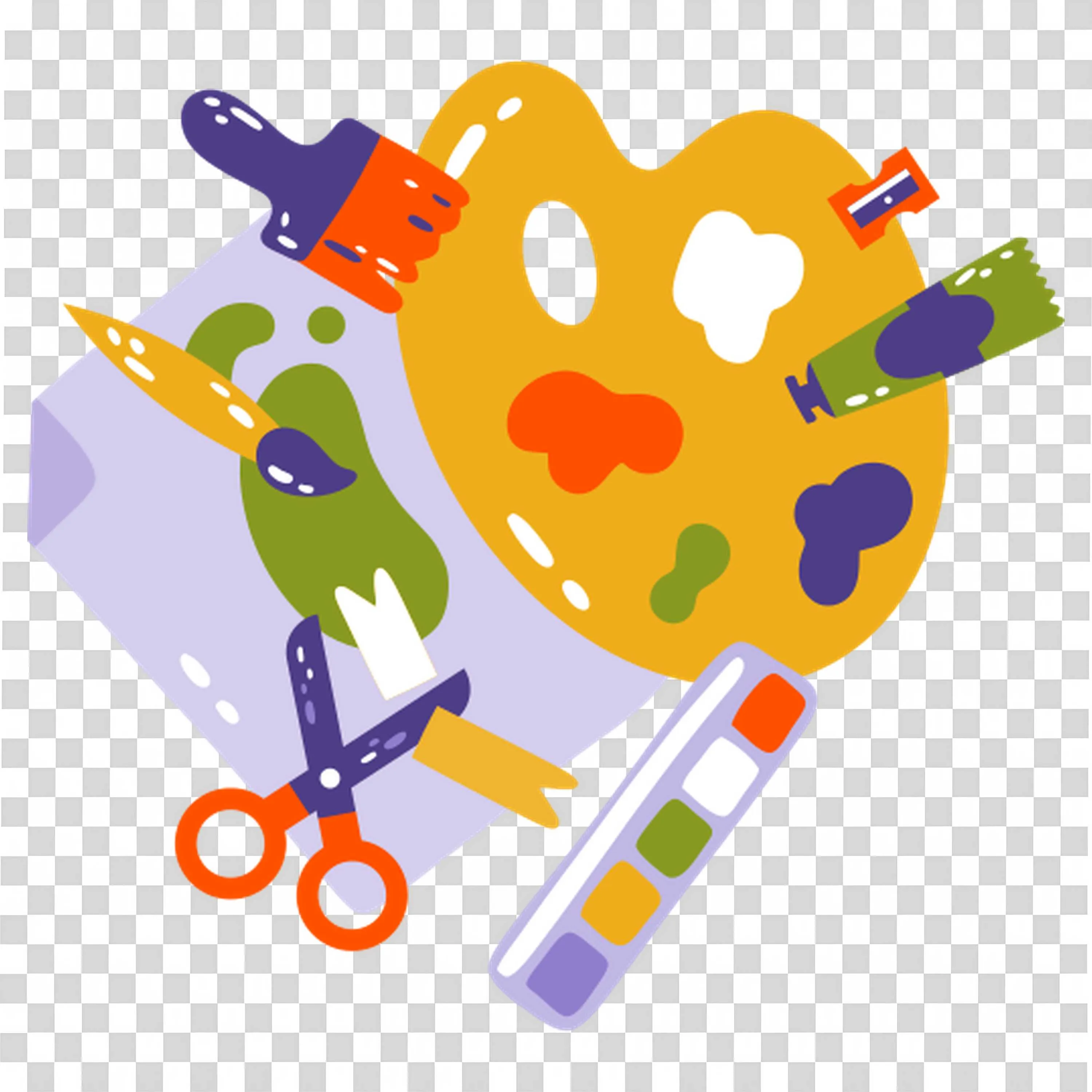 Art Palette with Paintbrushes Scissors and Glue Stick Png