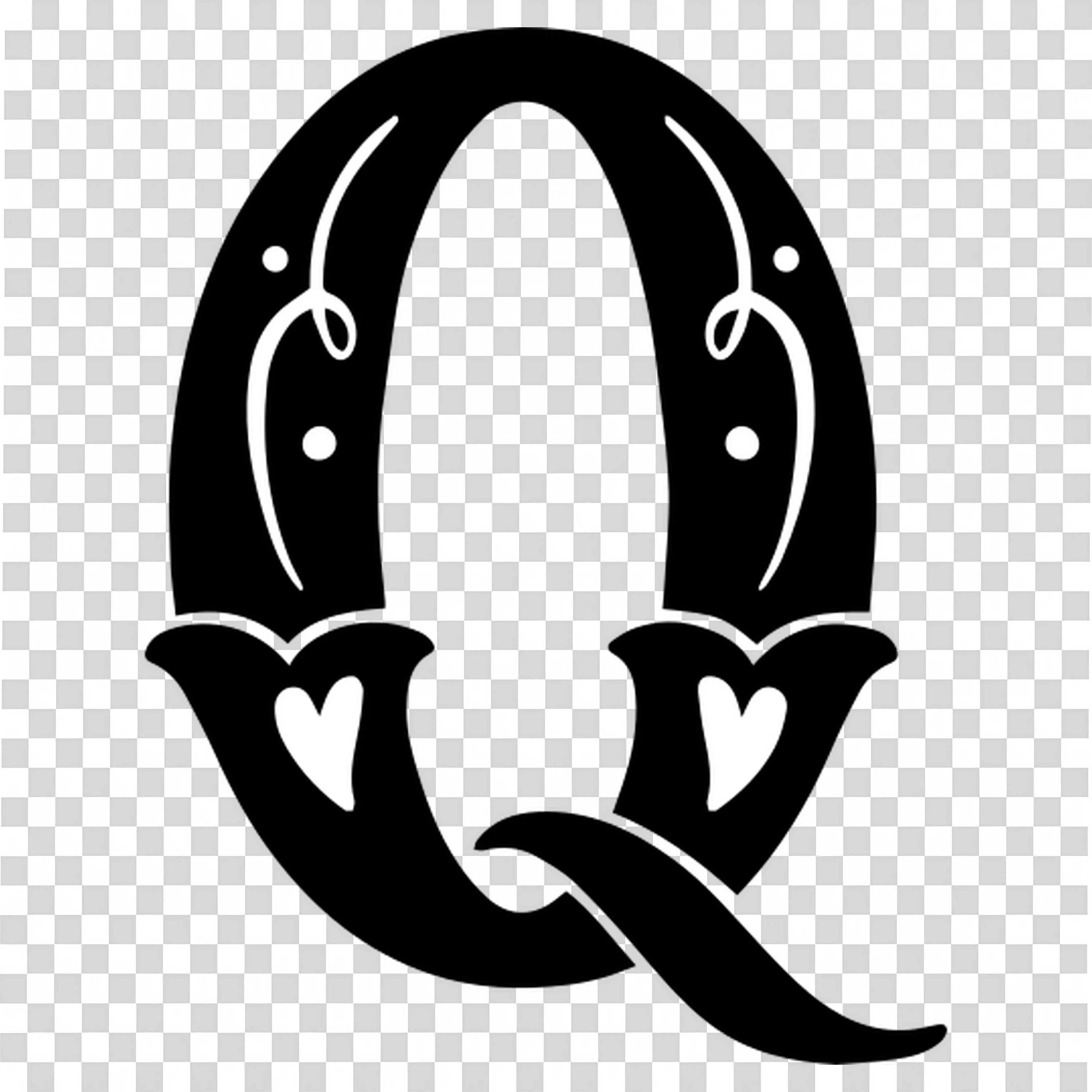 Artistic Letter Q in Black with Ornamental Details PNG Image