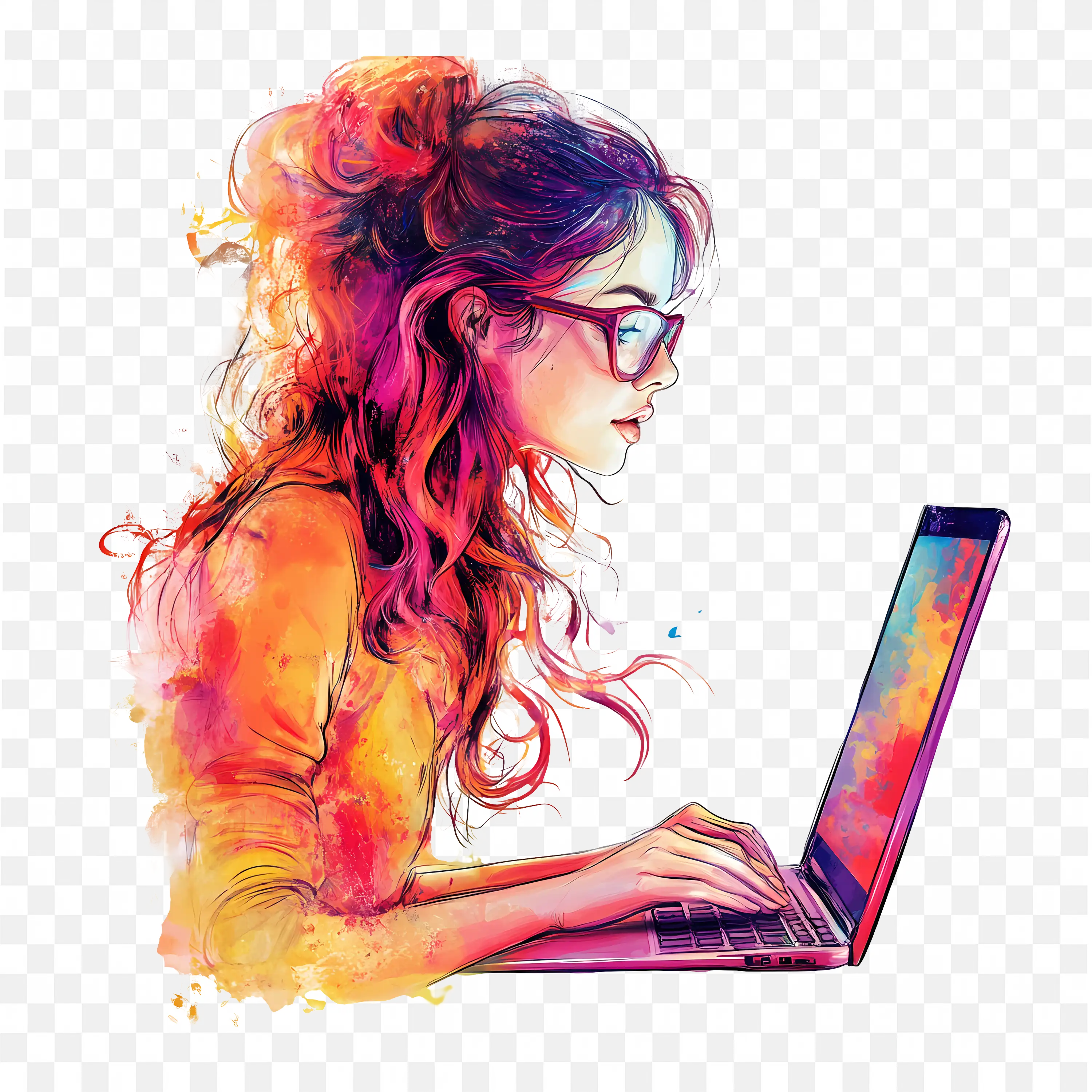 Artistic Woman with Colourful Hair Working on Laptop PNG