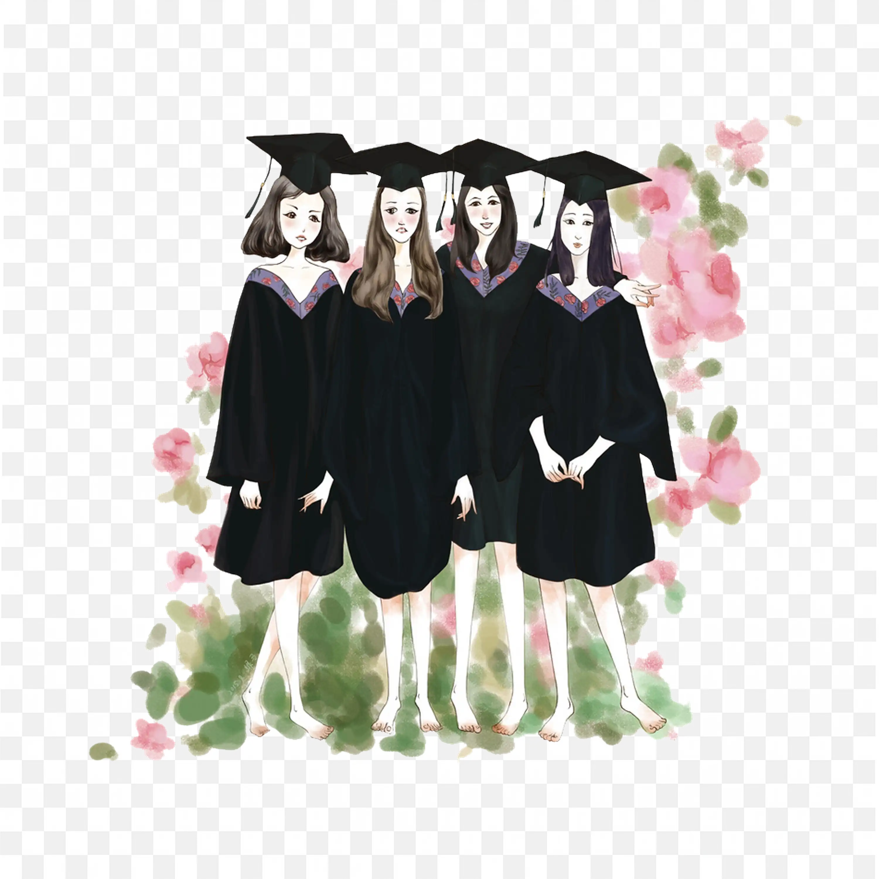 Artwork of Four Female Graduates in Caps and Gowns Free PNG