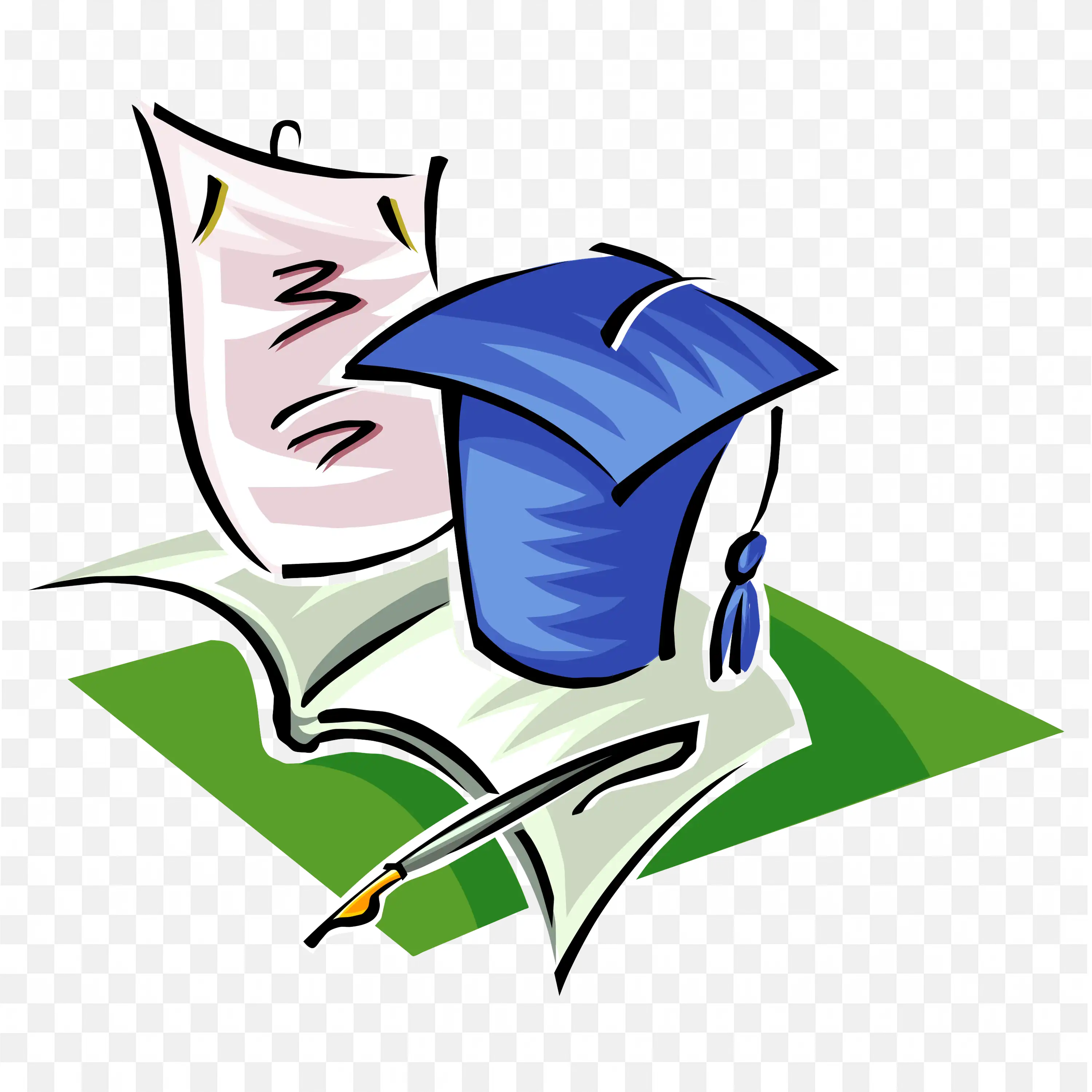 Artwork of a Graduation Cap with Diploma and Pen PNG Free