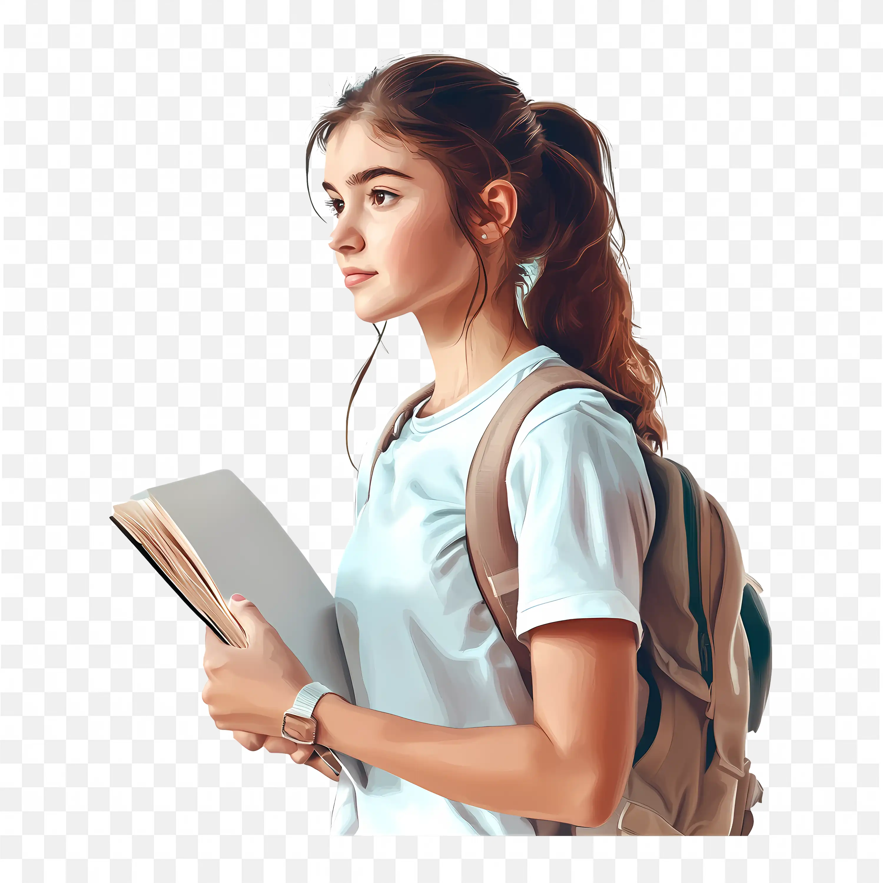 Attentive Student with a Backpack and Holding a Book PNG Free