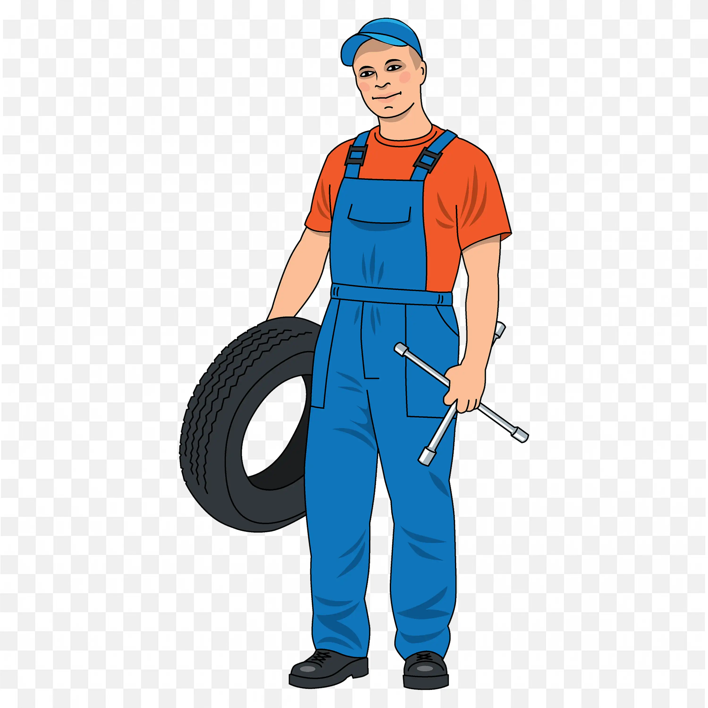 Auto Mechanic Catching a Tire and Spanner in Uniform PNG