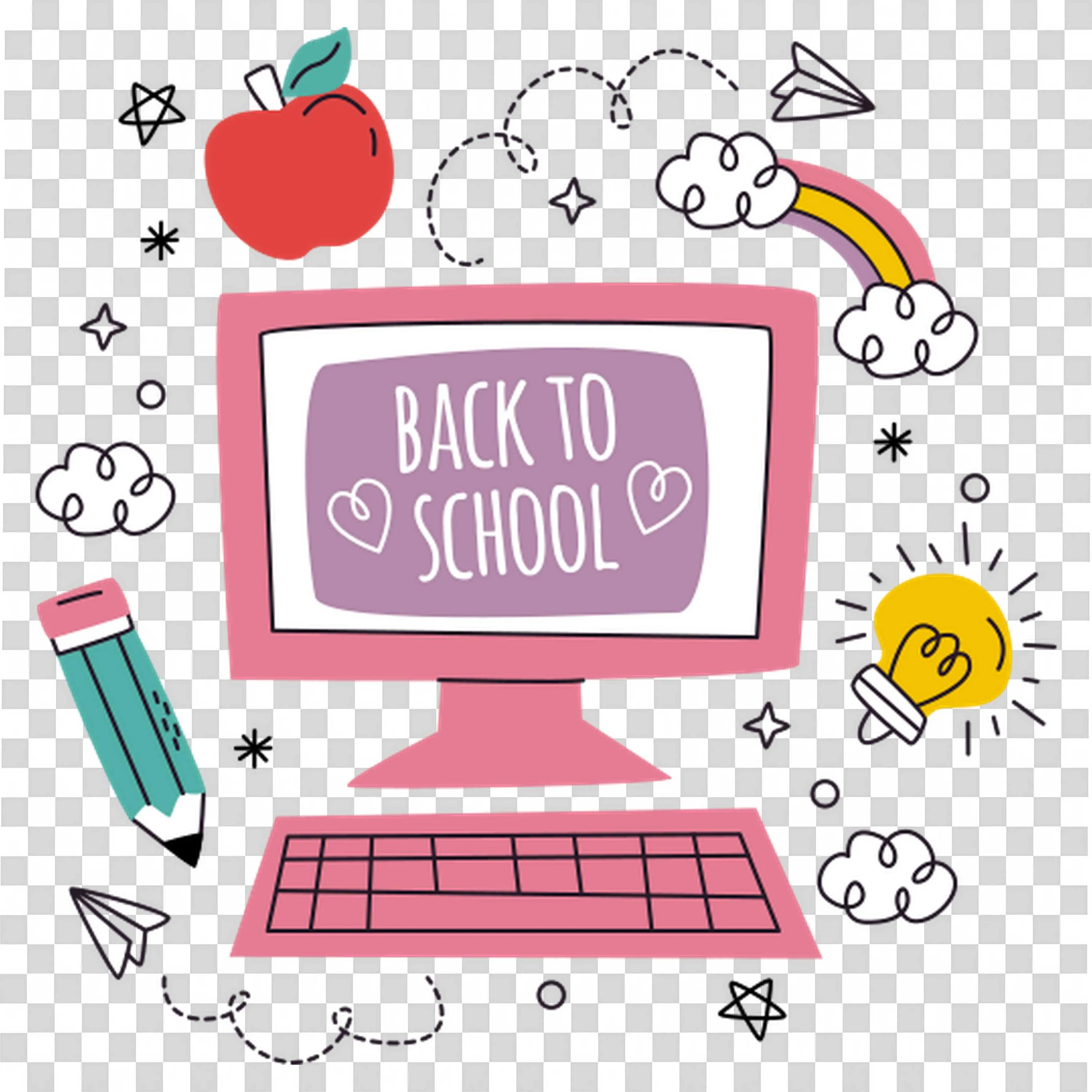 Back to School Message on Computer with Pencils and Apple