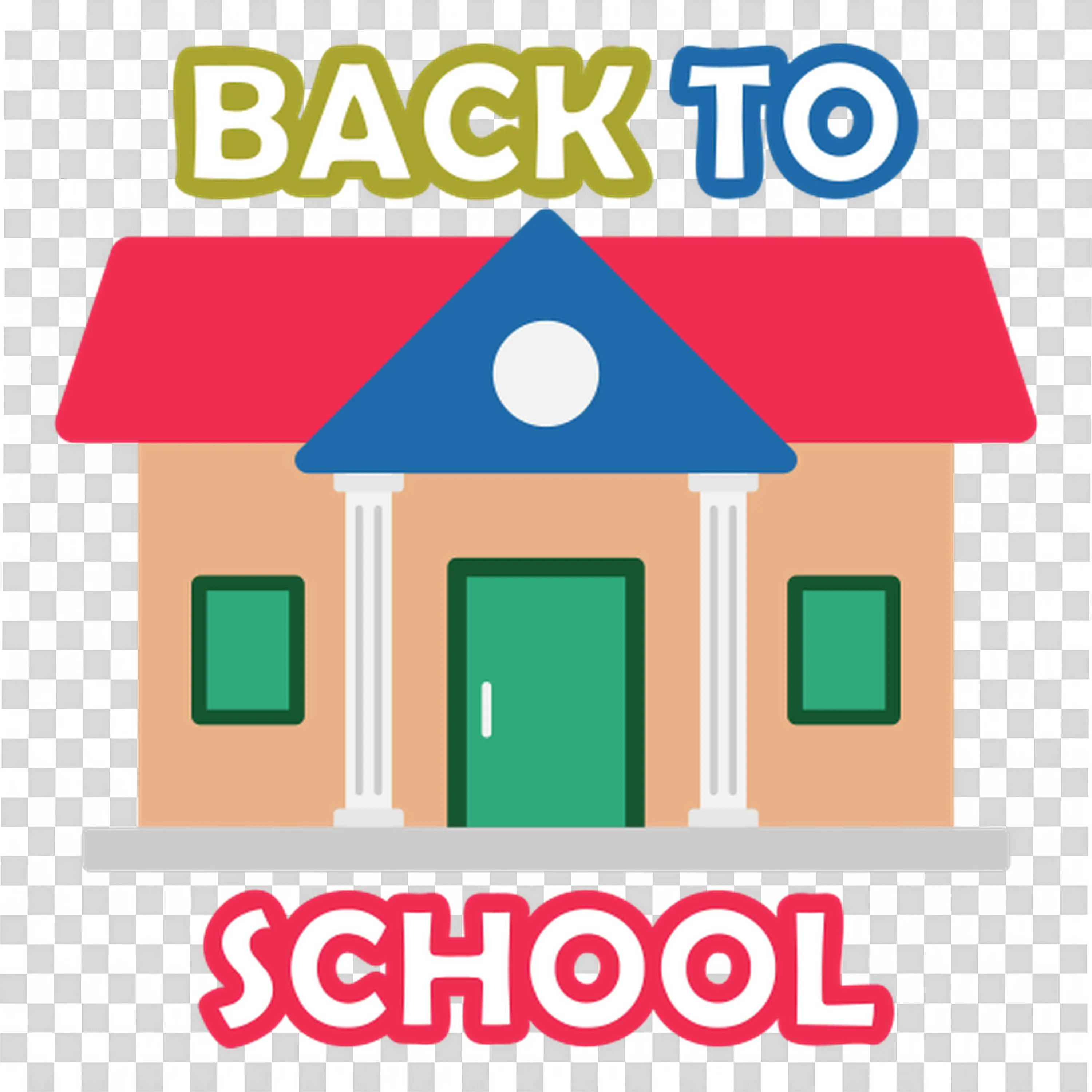 Back to School Text with a Colourful School Building Png