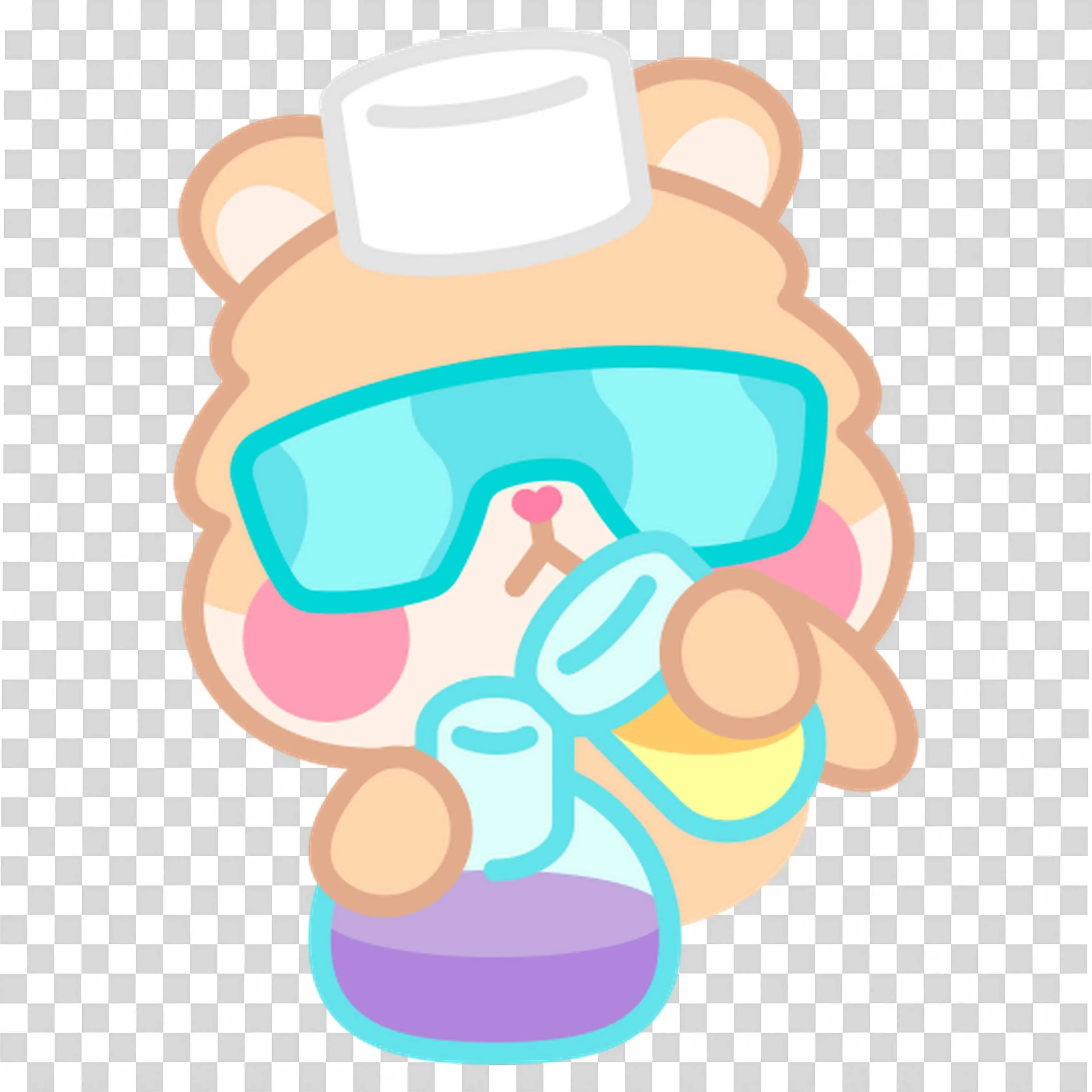 Bear Wearing Goggles and a Lab Hat Holding a Purple Beaker