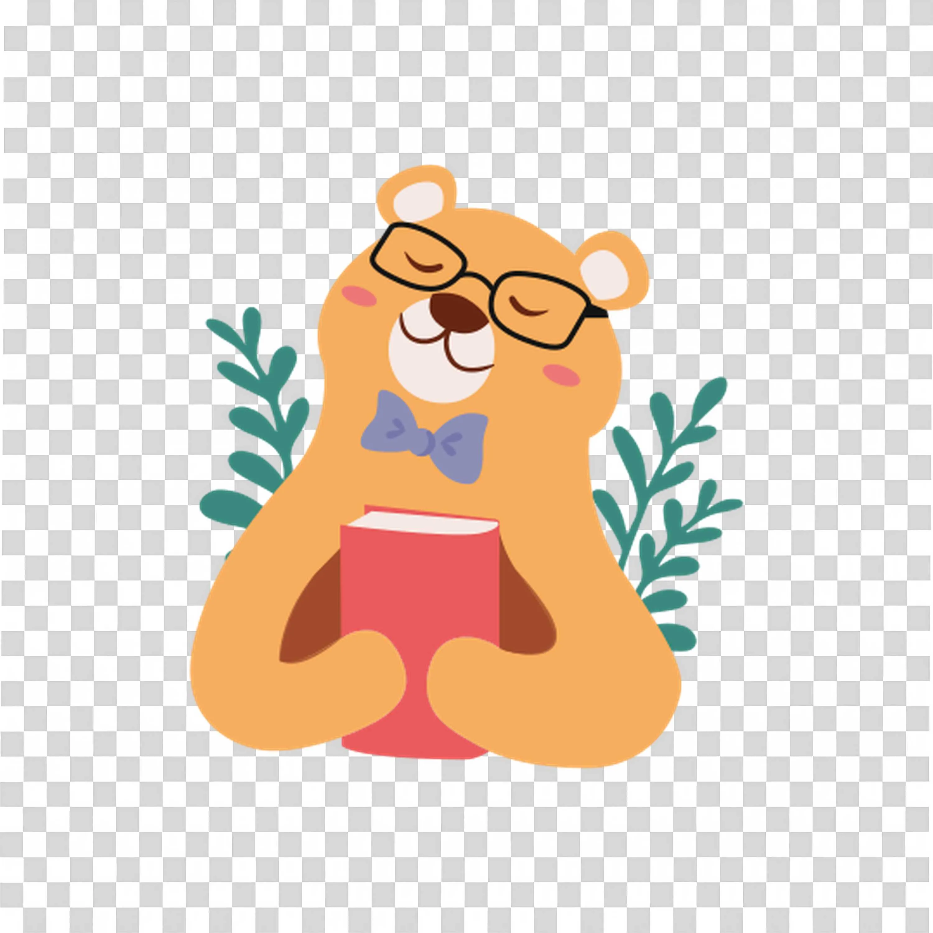 Bear with Glasses Holding a Book with Plants in Background