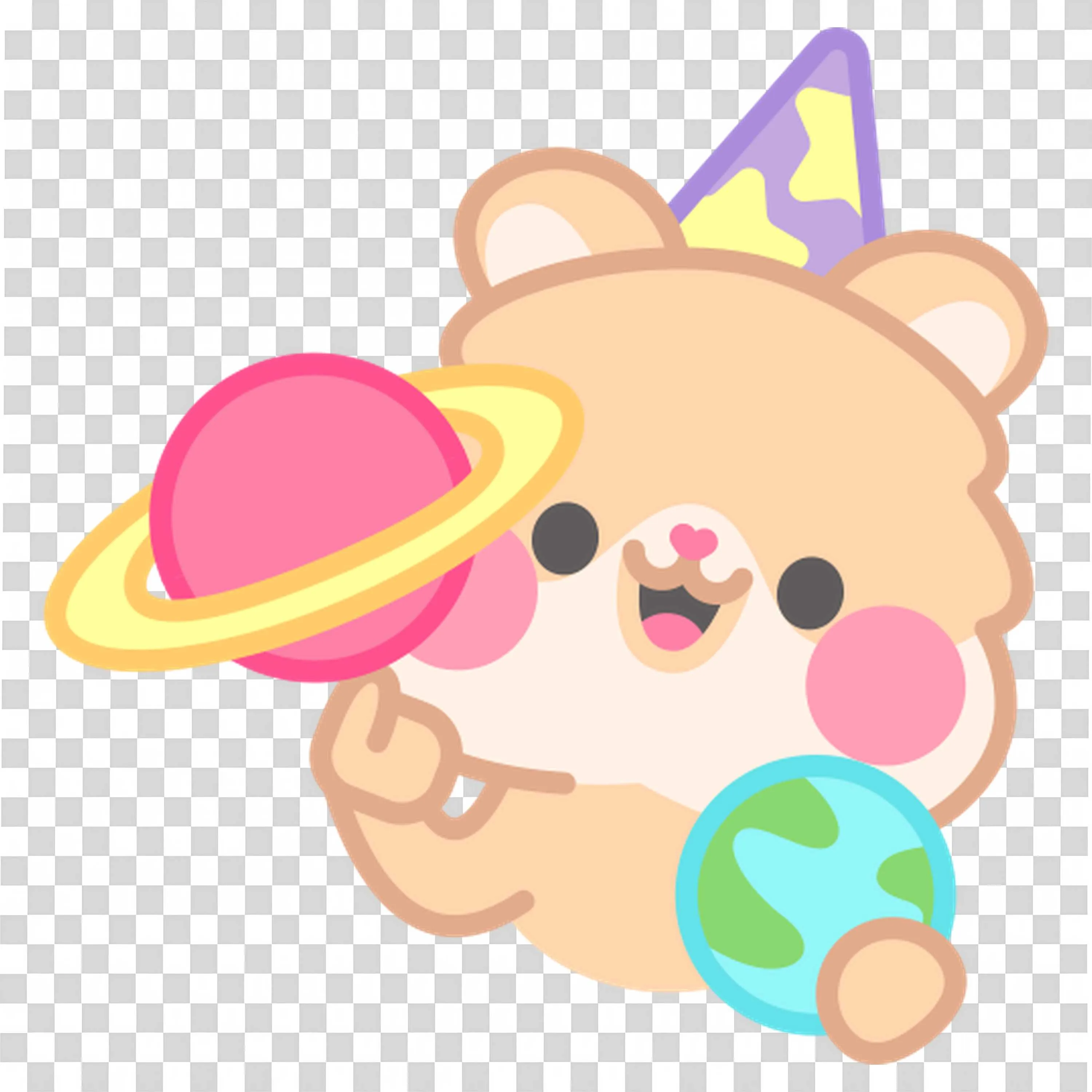 Bear with Party Hat Holding Planet Earth and Saturn Cartoon