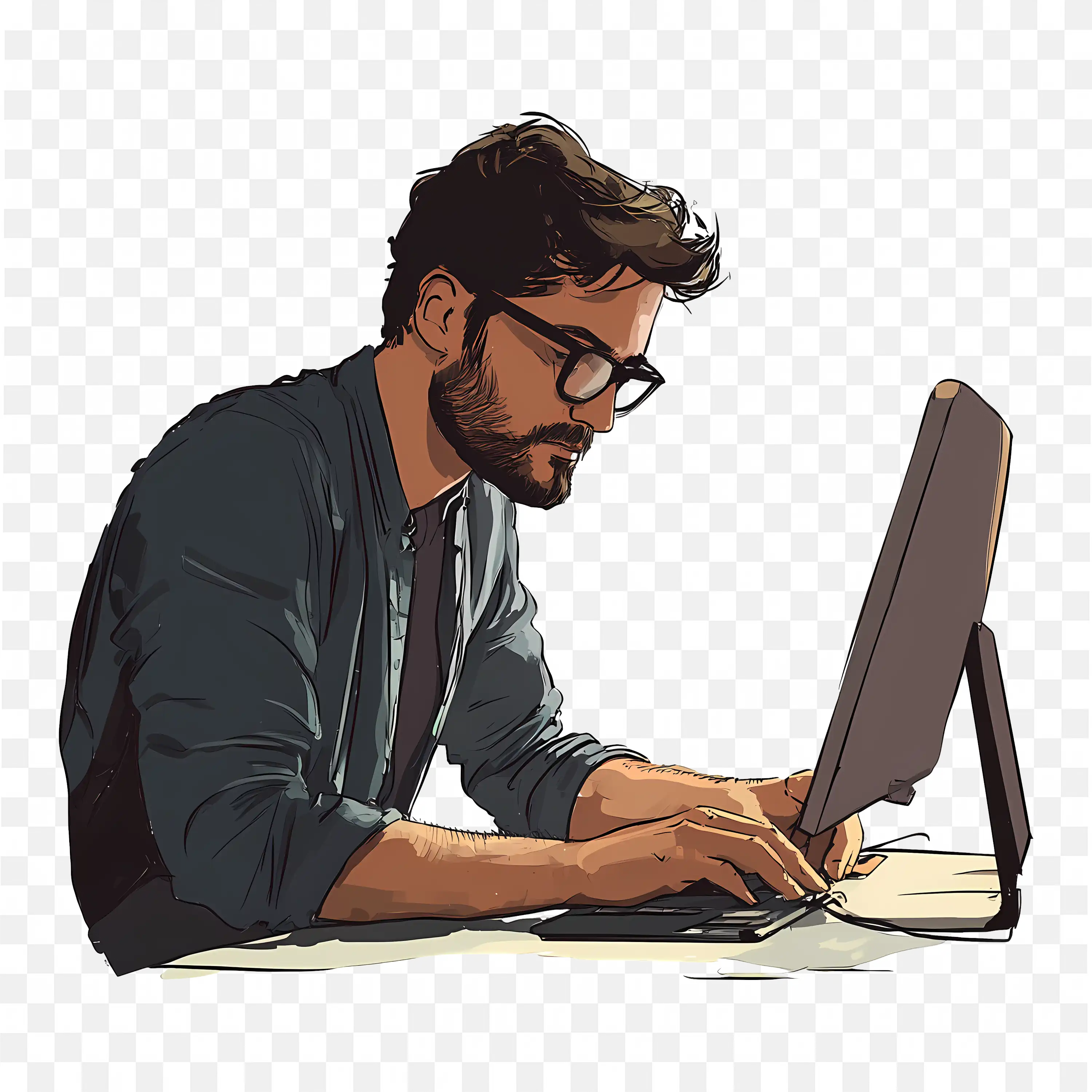 Bearded Man with Glasses and a Dark Shirt with Laptop PNG