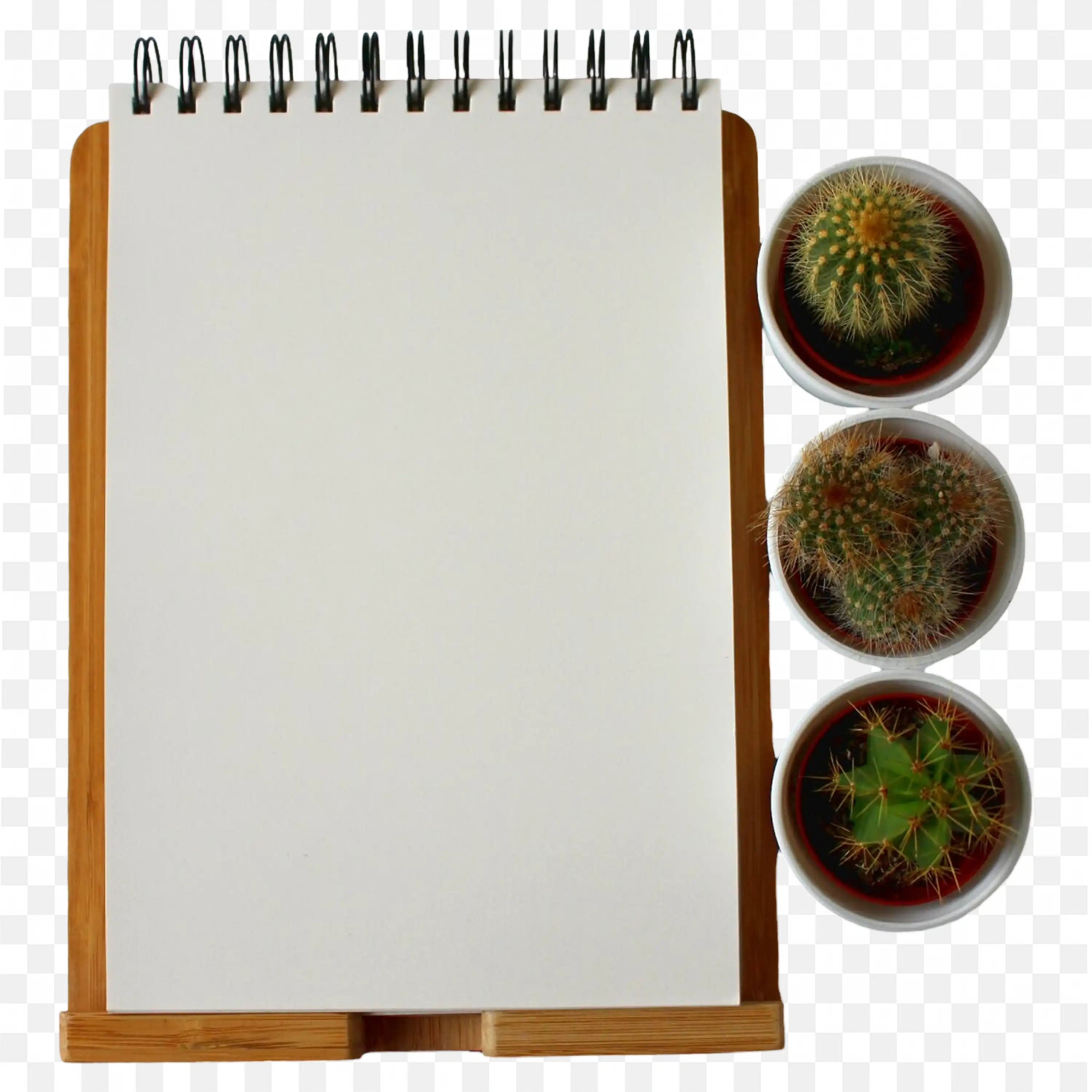 Blank Notepad Png with Three Small Potted Cactus Plants