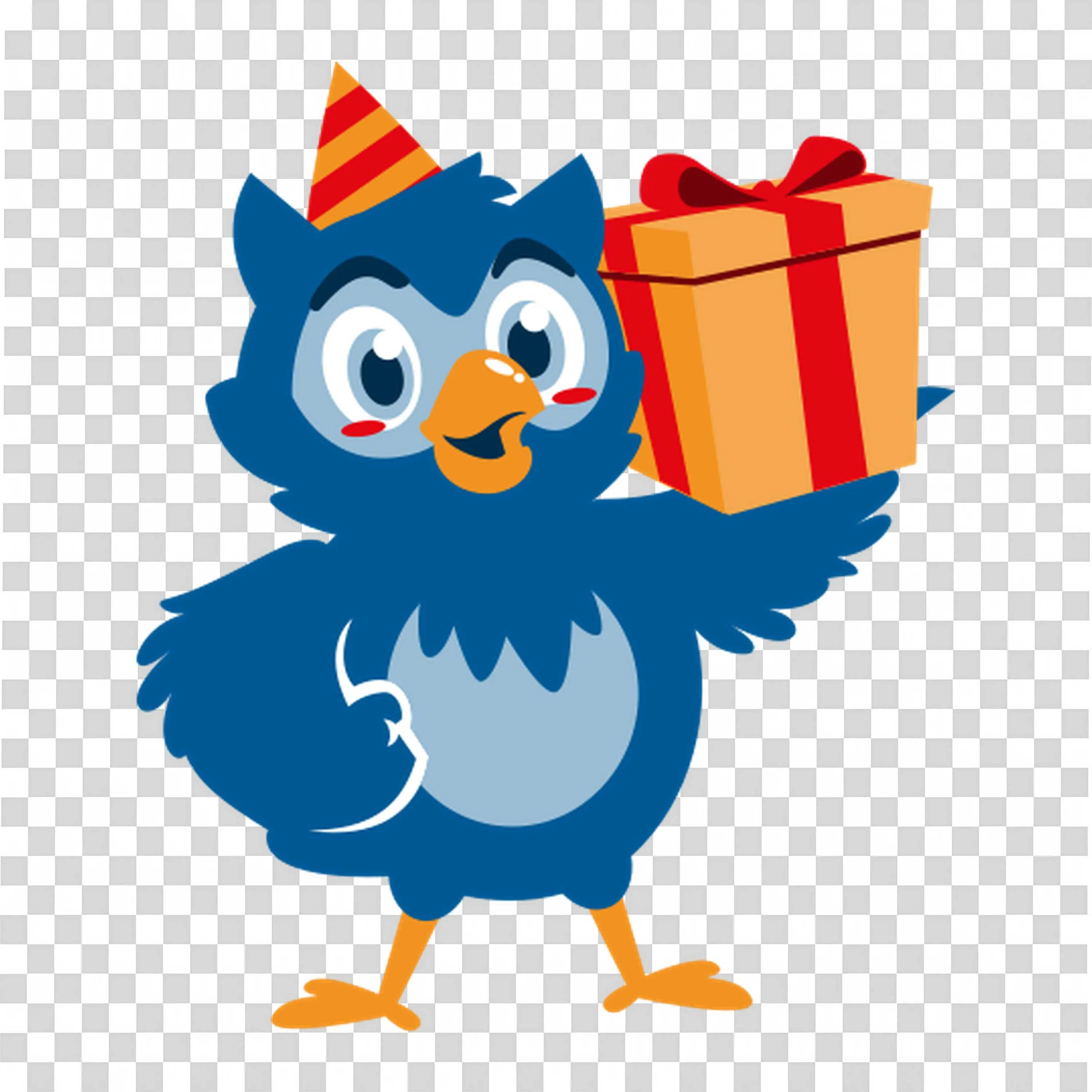Blue Bird Wearing Party Hat and Holding a Gift Box Free Png