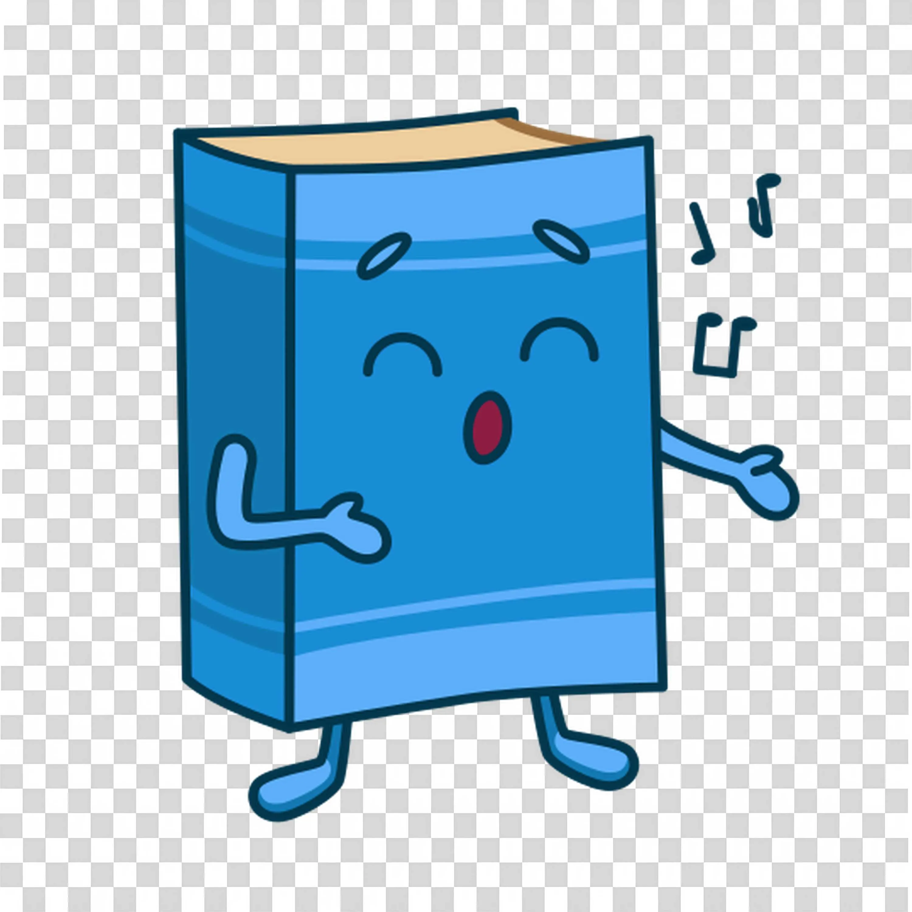 Blue Book Character Singing with Music Notes Around It Png