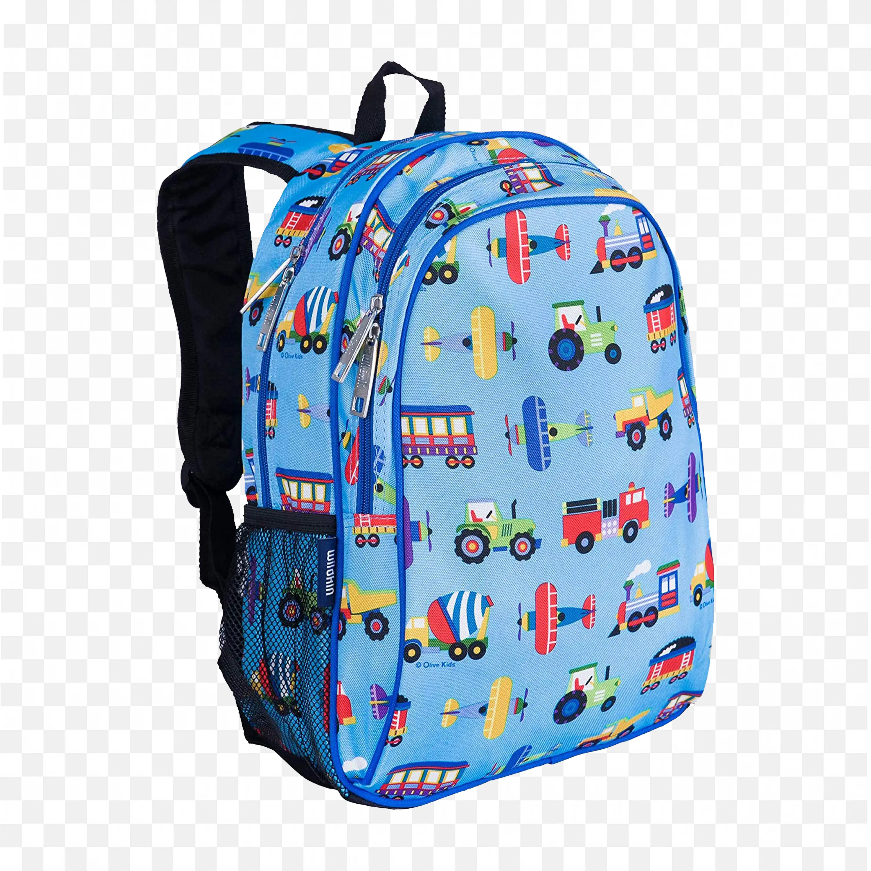 Blue Colourful Backpack with Variety of Transport Picture PNG