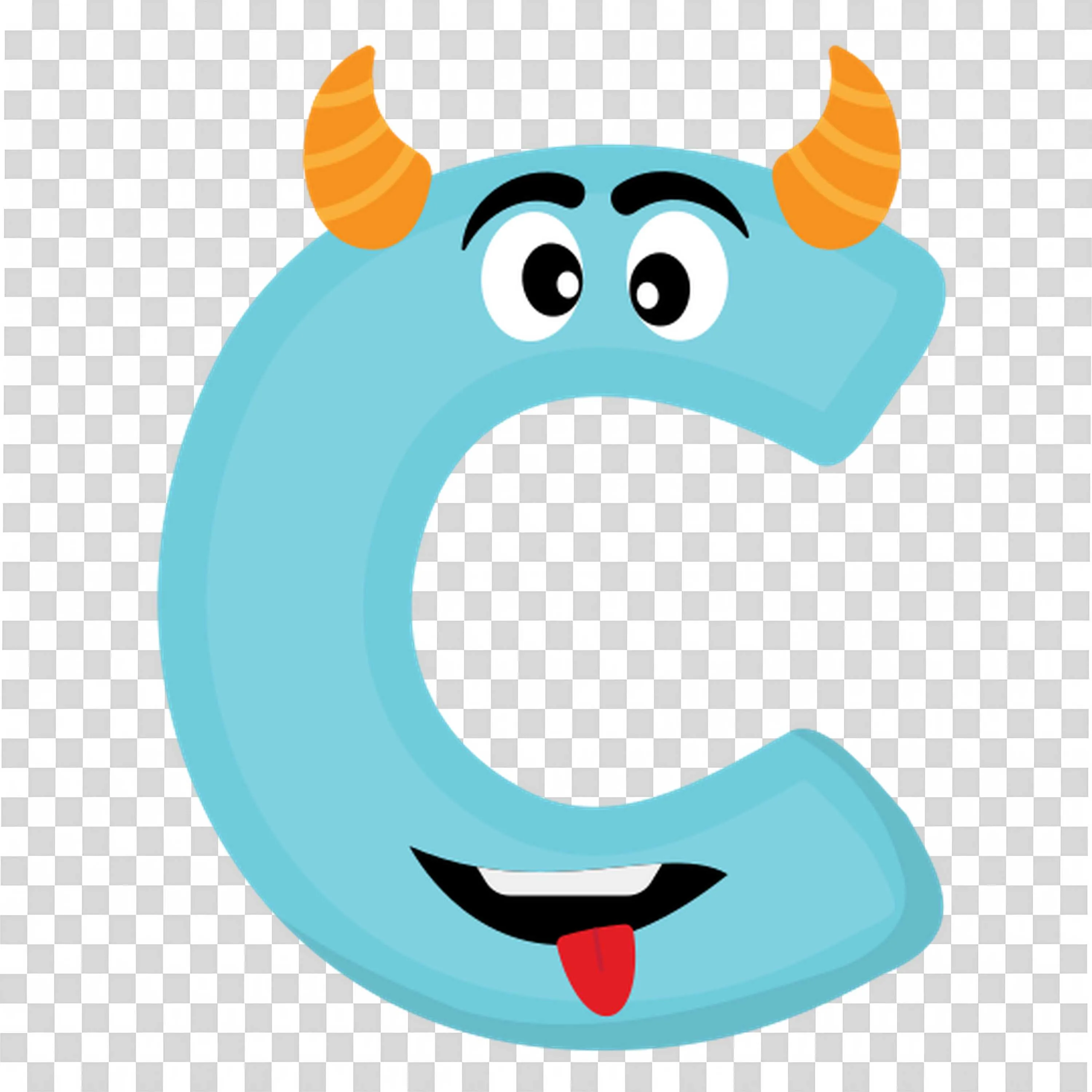 Blue Letter C with Orange Horns and a Silly Tongue Out Png