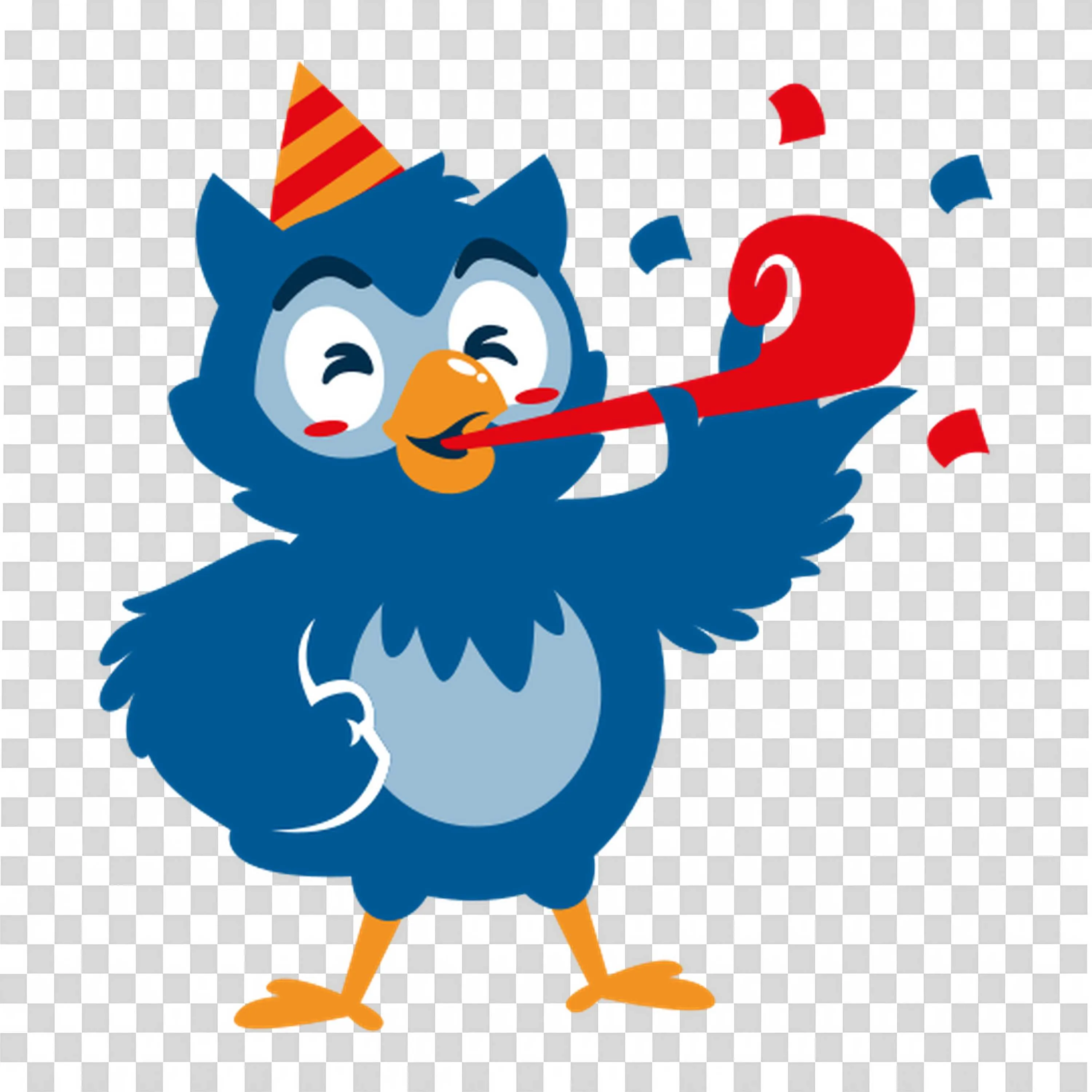 Blue Owl Wearing Party Hat and Blowing Party Horn Free Png
