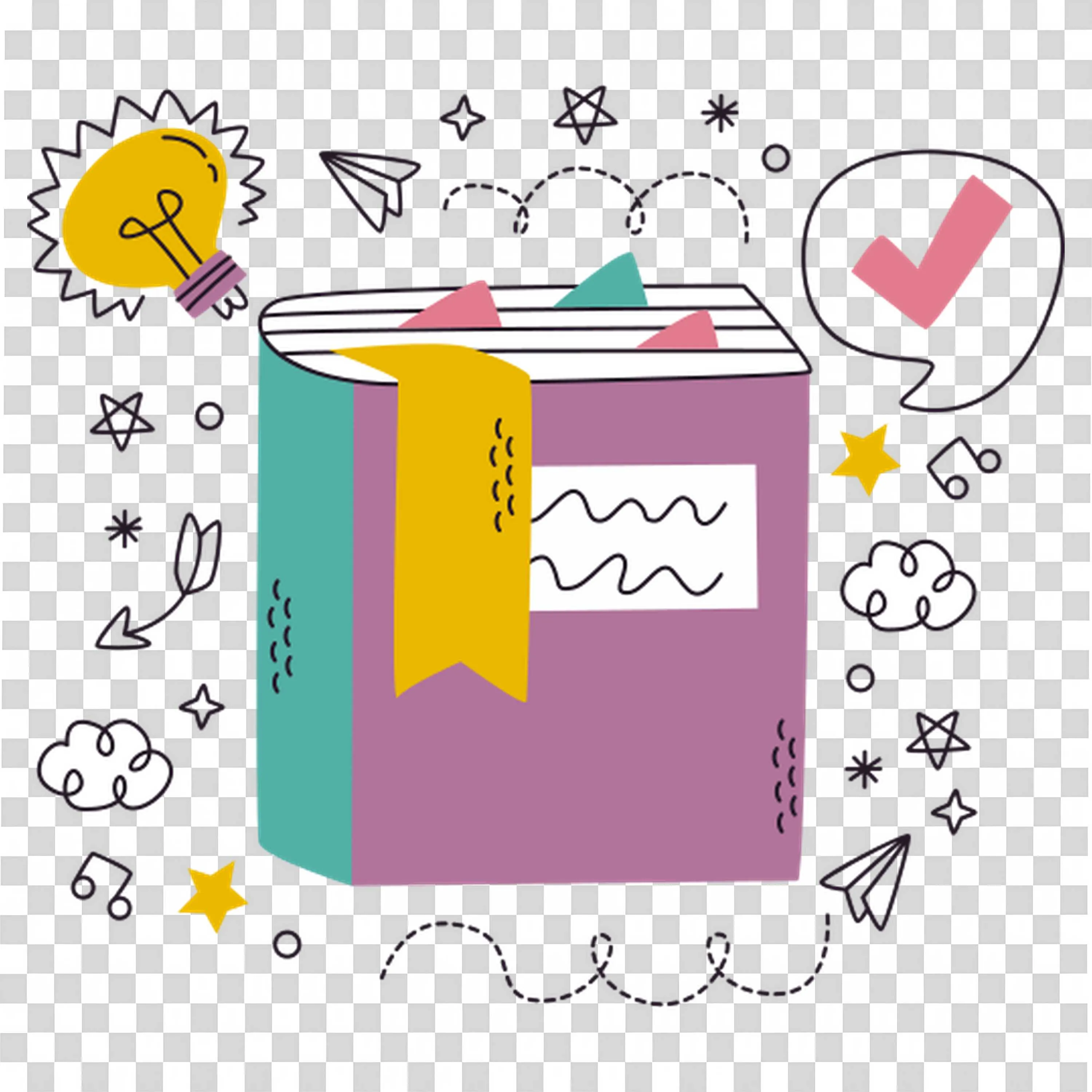 Book Surrounded By Stars Check Mark and Lightbulb Drawings