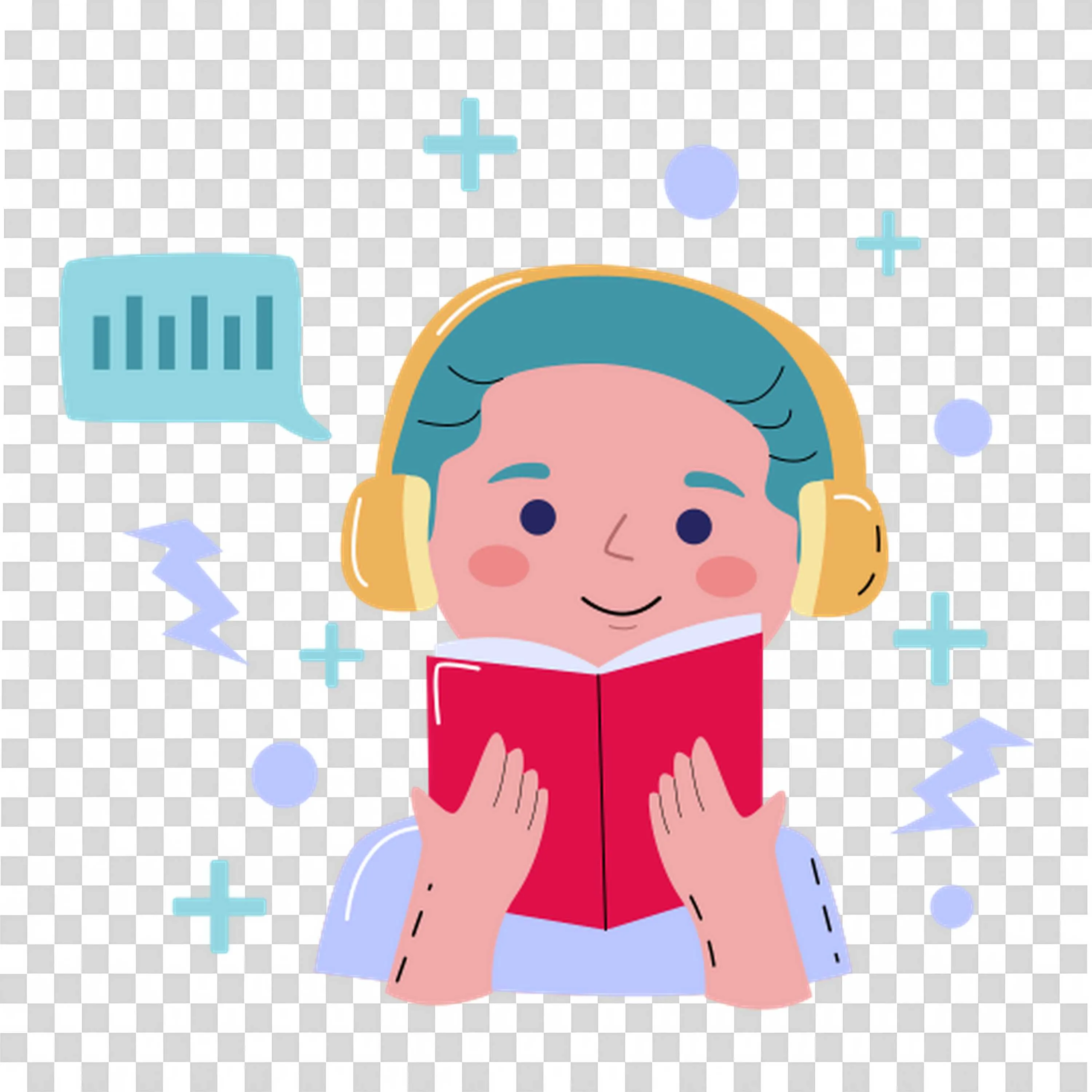 Boy Reading a Book and Listening Through Headphones Png