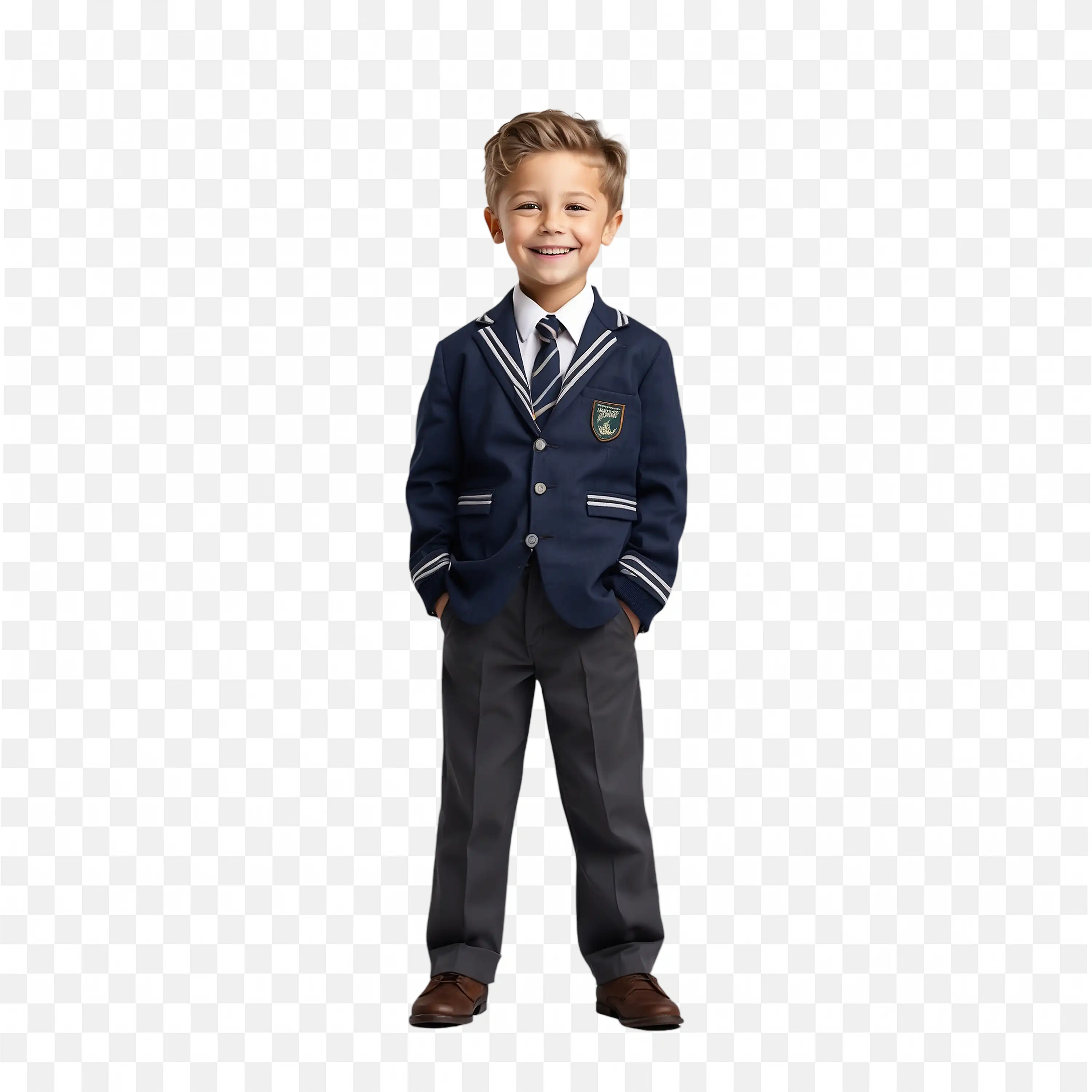 Boy in Stylish School Uniform Standing Bravely PNG Free
