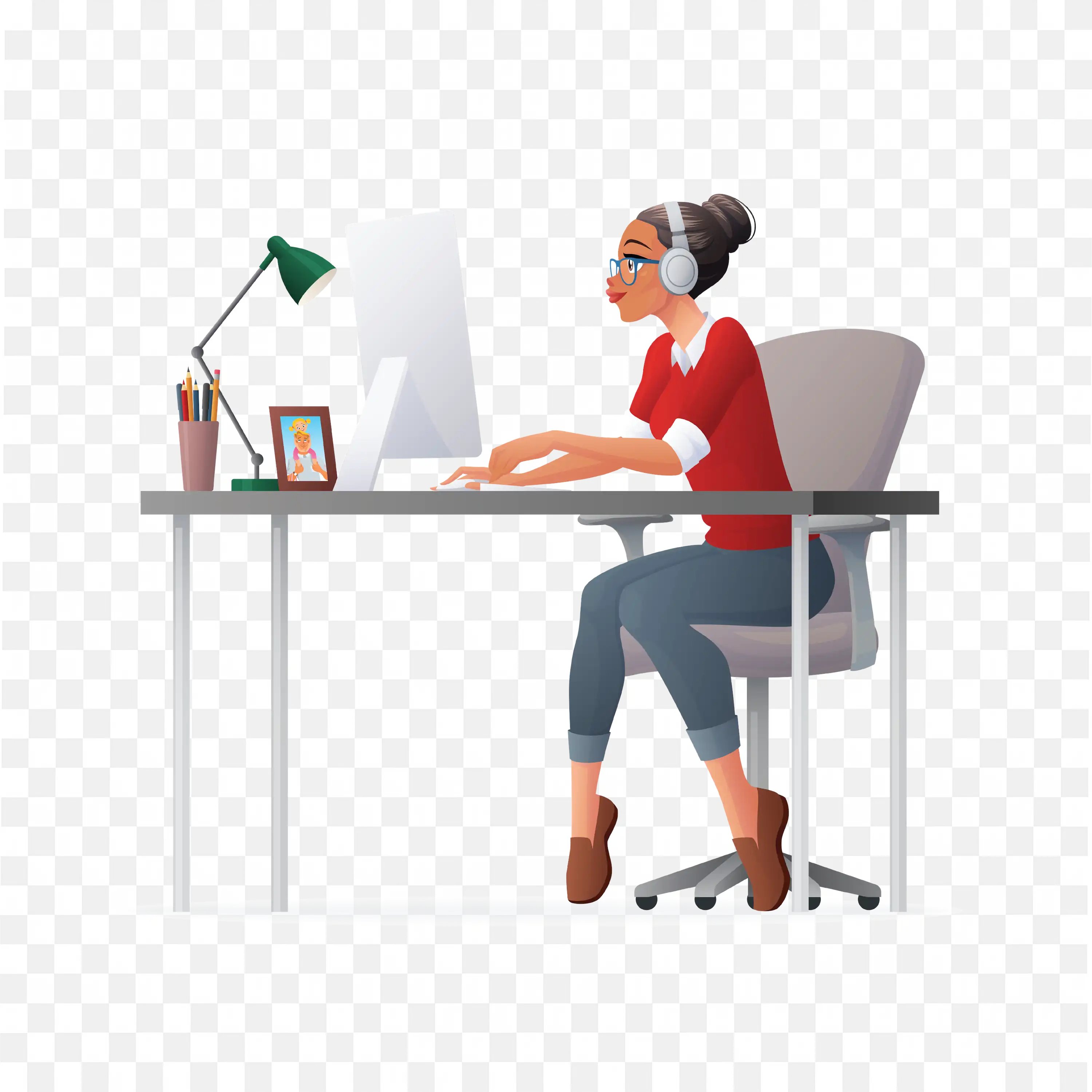 Bun Tied Up Hair with Headphones Doing Work in Desktop PNG