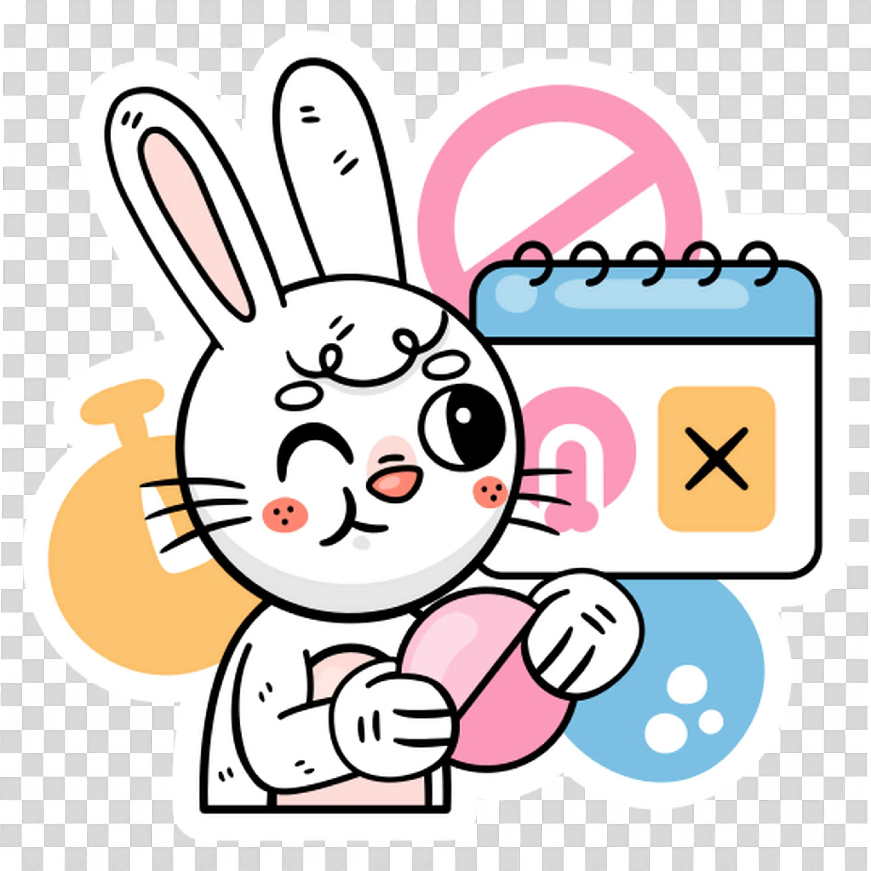 Bunny Holding a Pink Pill with Medical and Calendar Icons