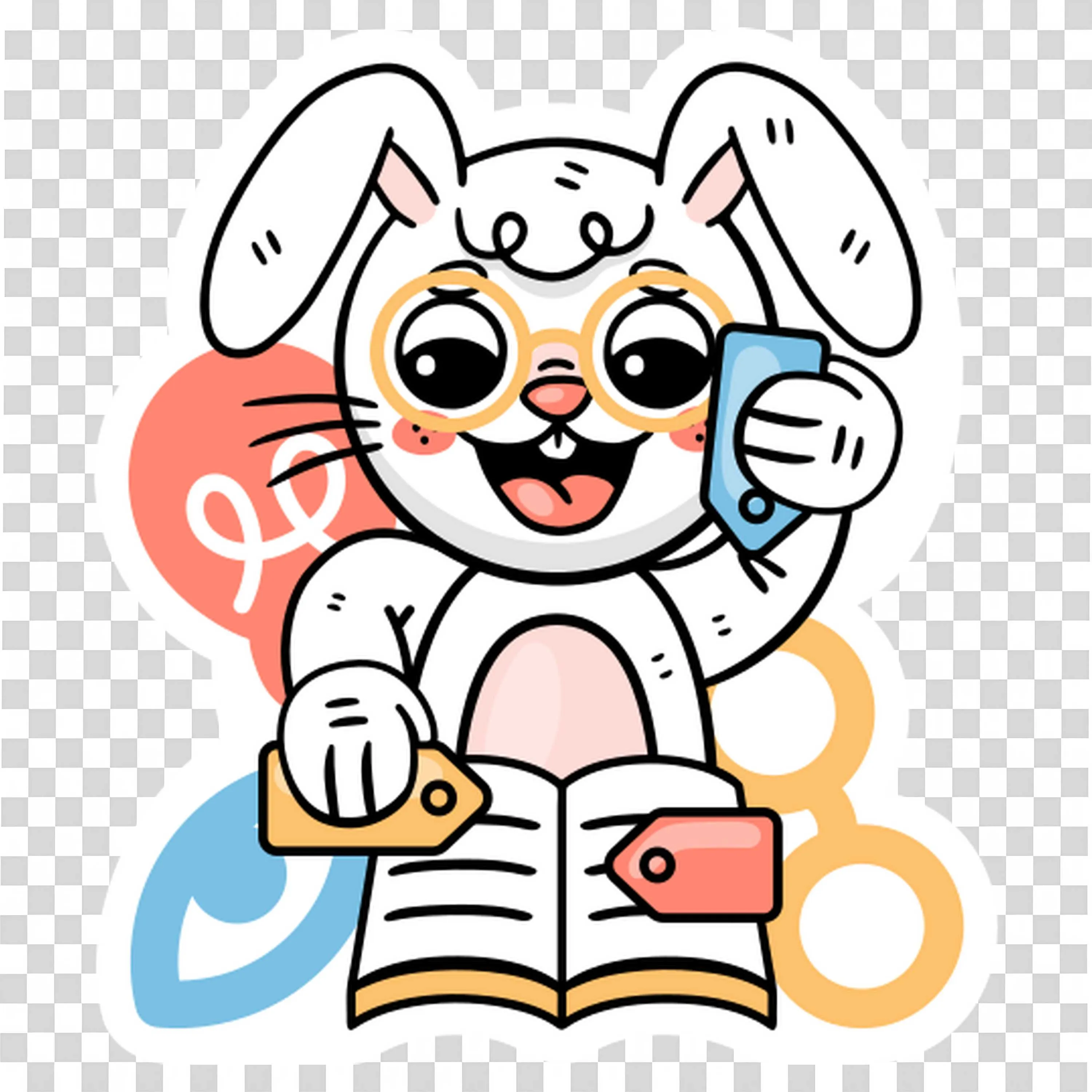 Bunny Reading Book and Holding Colourful Tags Happily Png