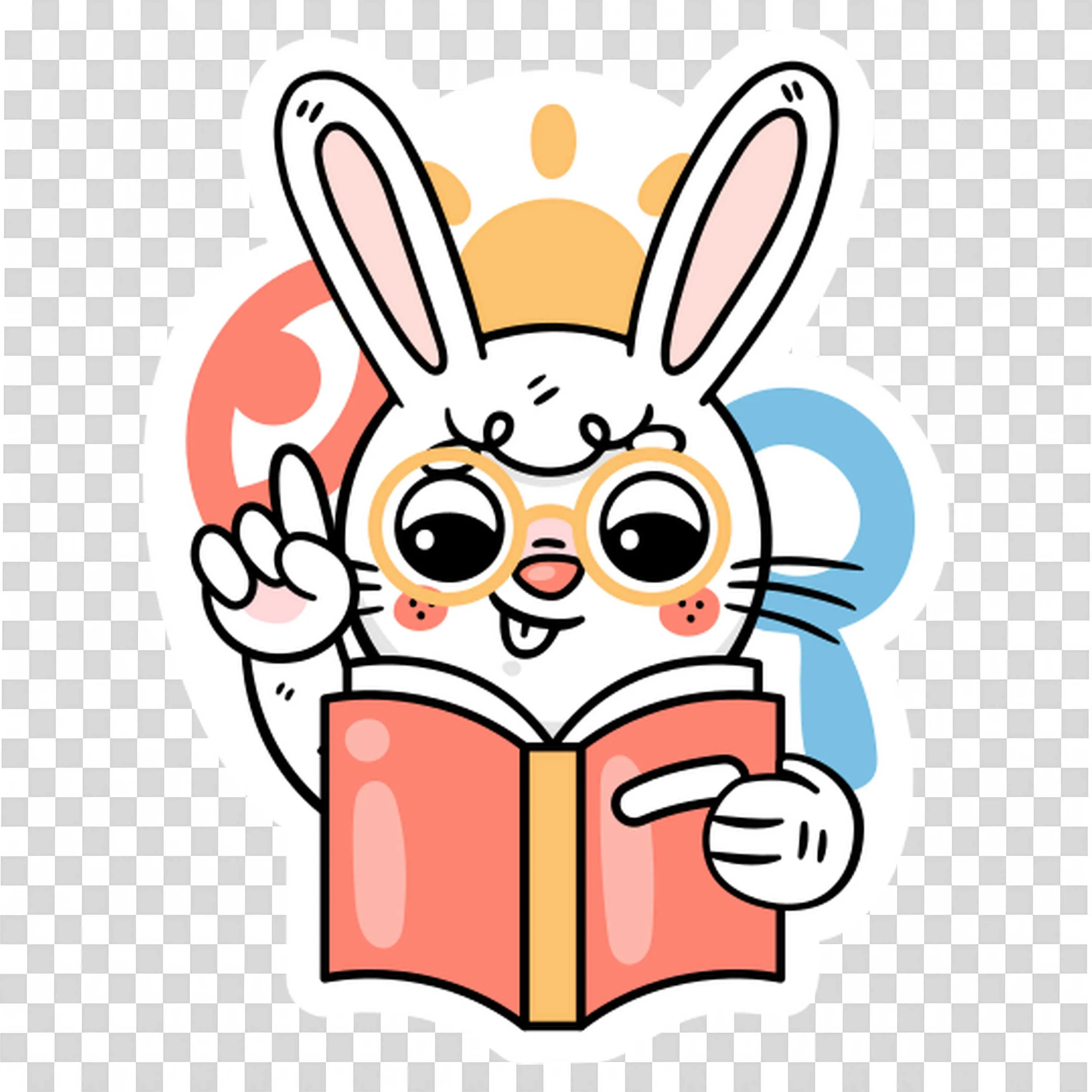 Bunny Wearing Glasses Pointing Up While Reading the Book