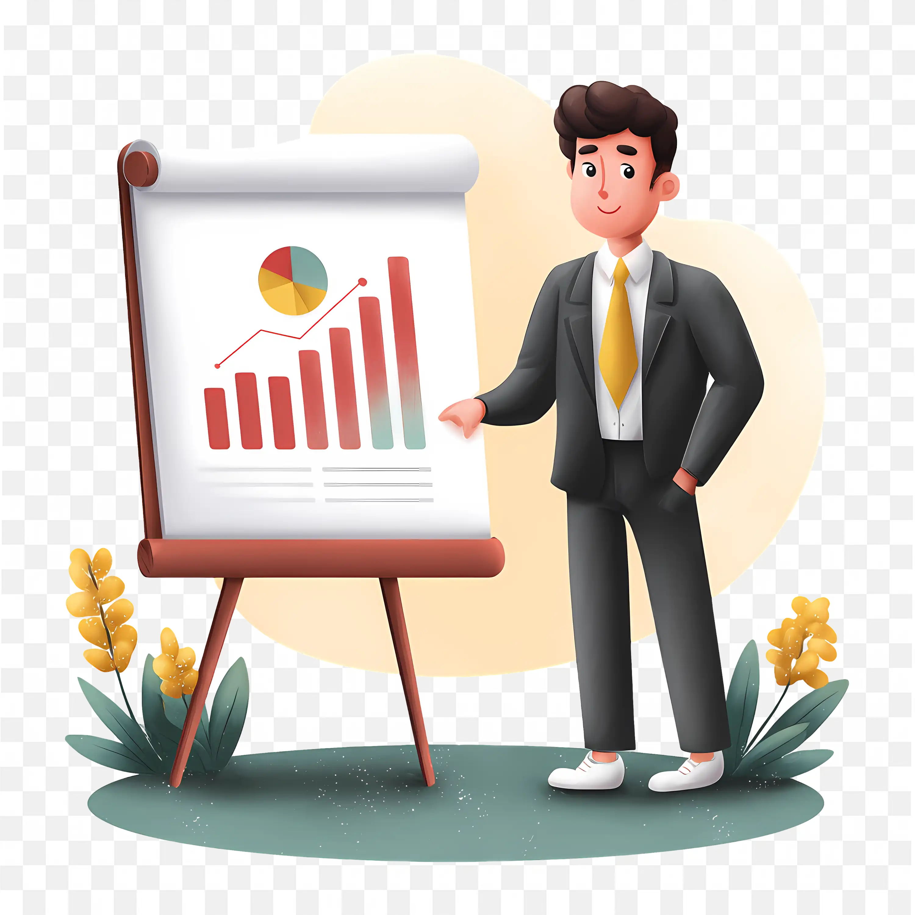 Business Boy Giving Presentation with Bar and Pie Chart PNG