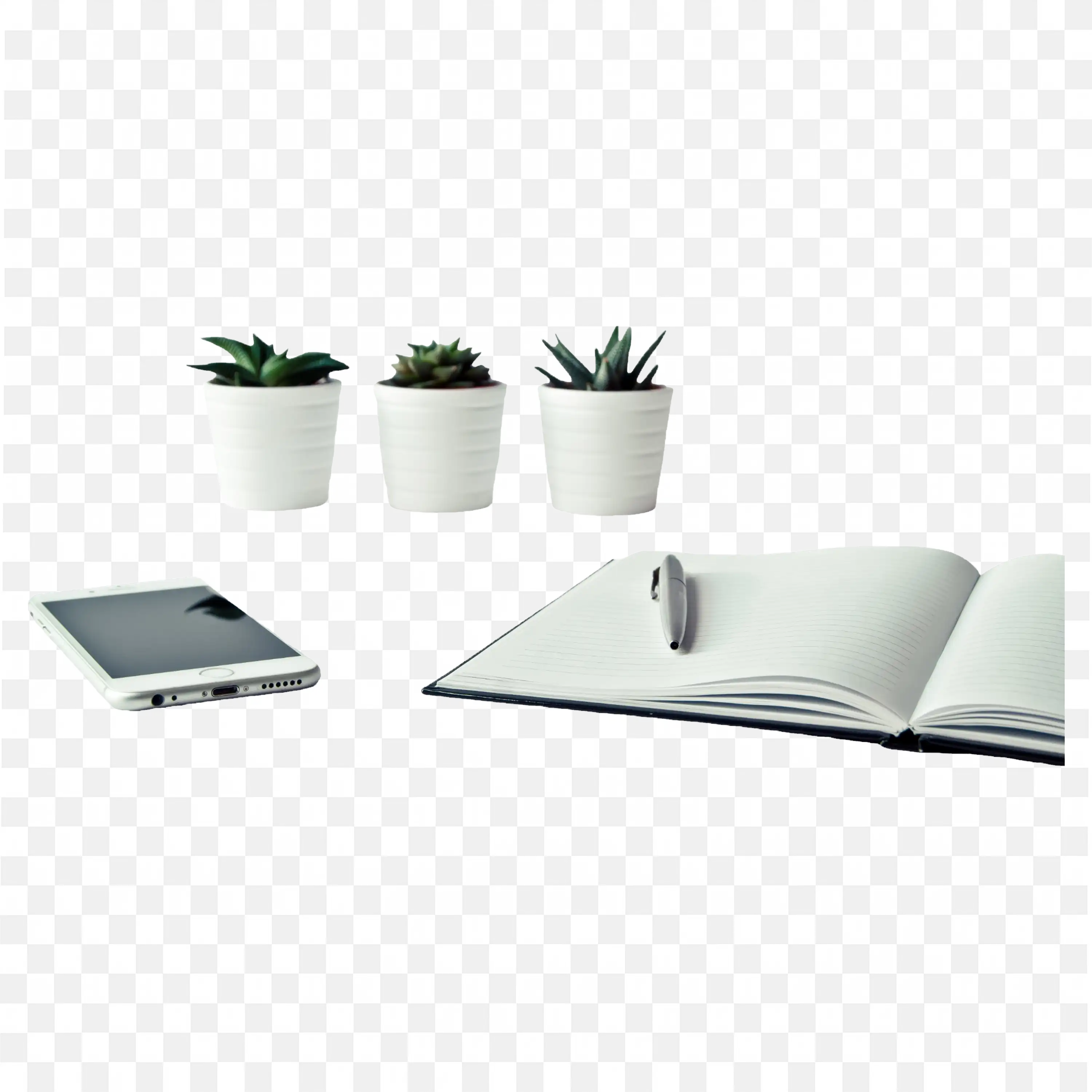 Calmful Workspace with Notebook a Phone and Plants HD PNG