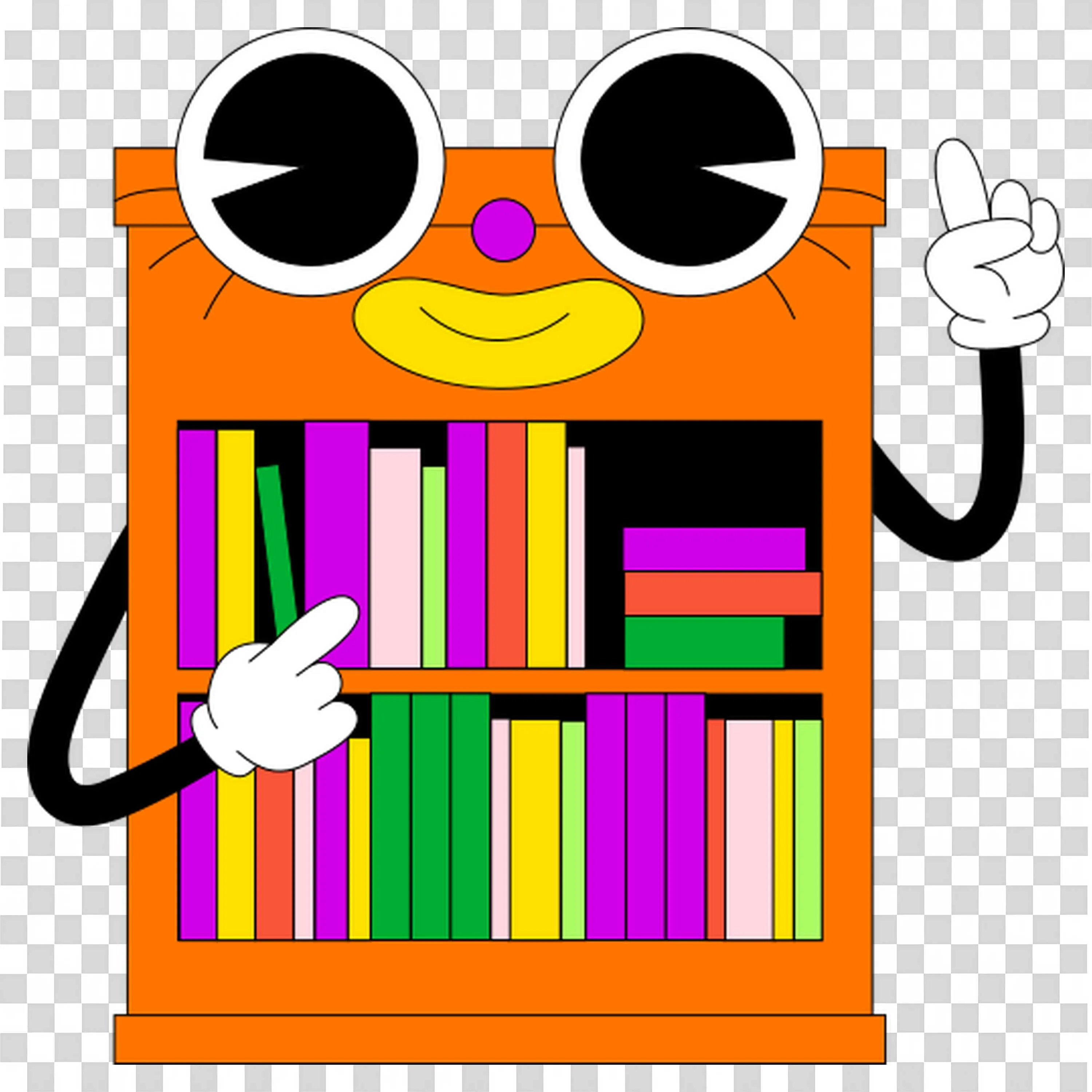 Cartoon Bookshelf Character Pointing at the Colourful Books