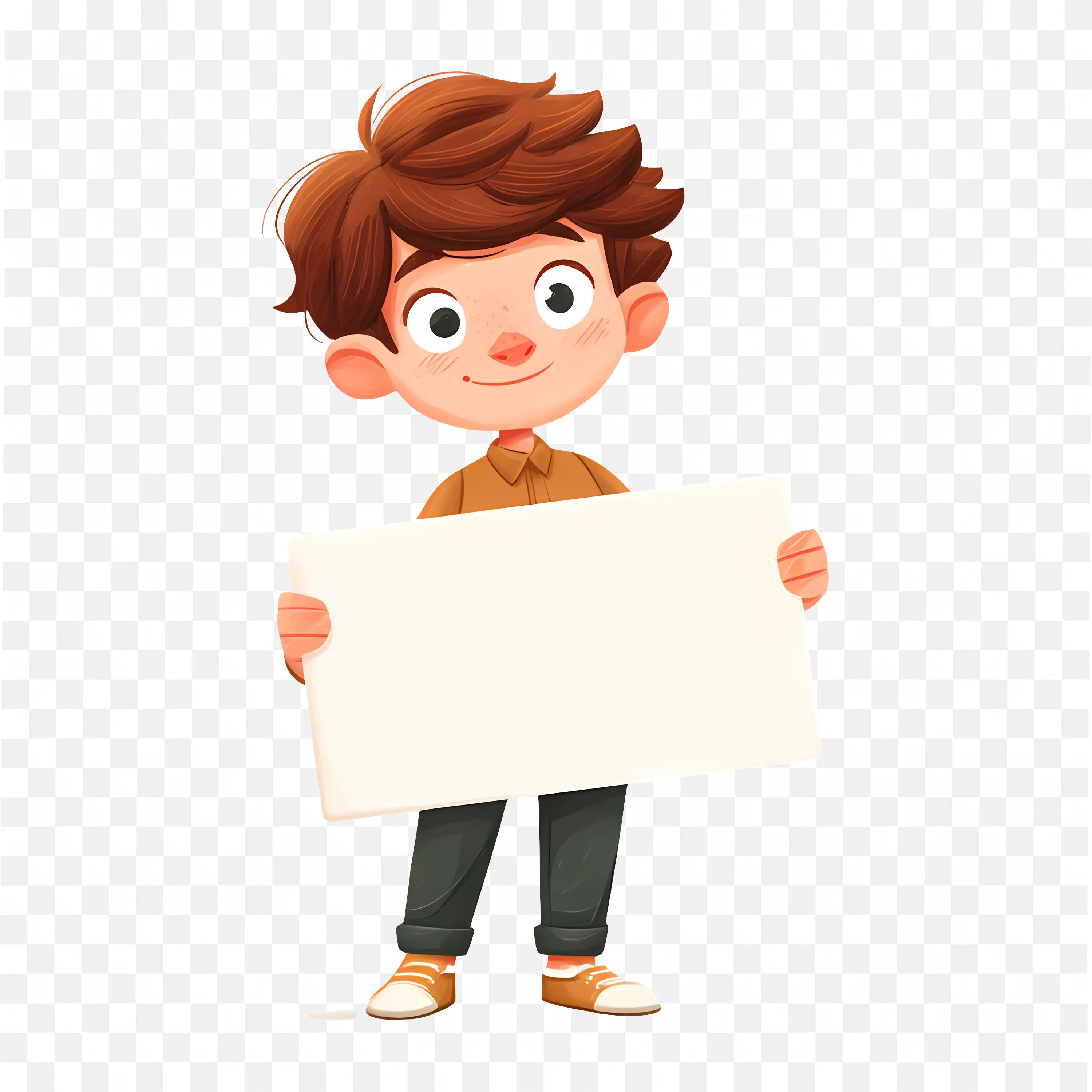 Cartoon Boy with Brown Hair Holding a Blank Board Free PNG