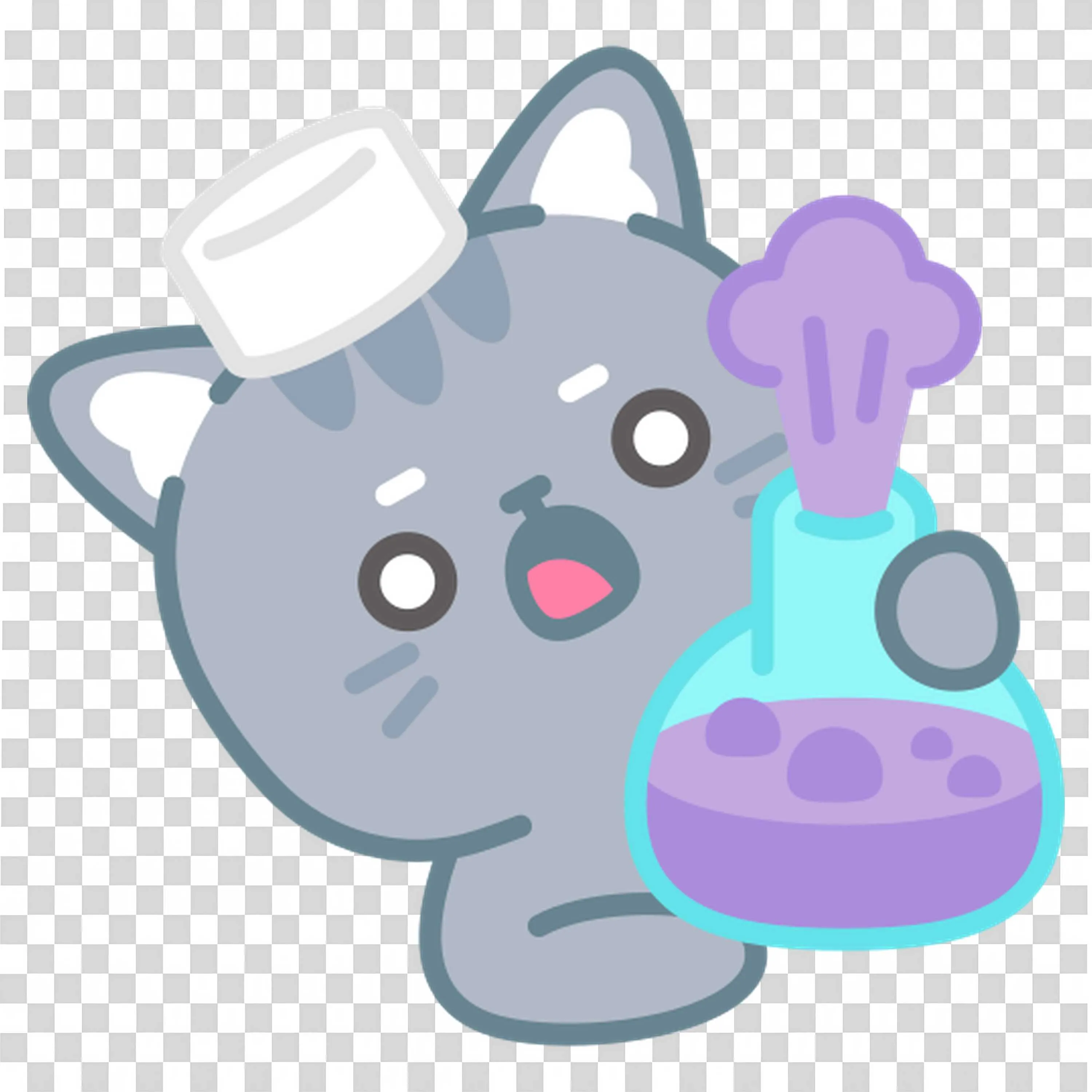 Cartoon Cat in a Lab Coat Holding a Beaker Of Purple Liquid