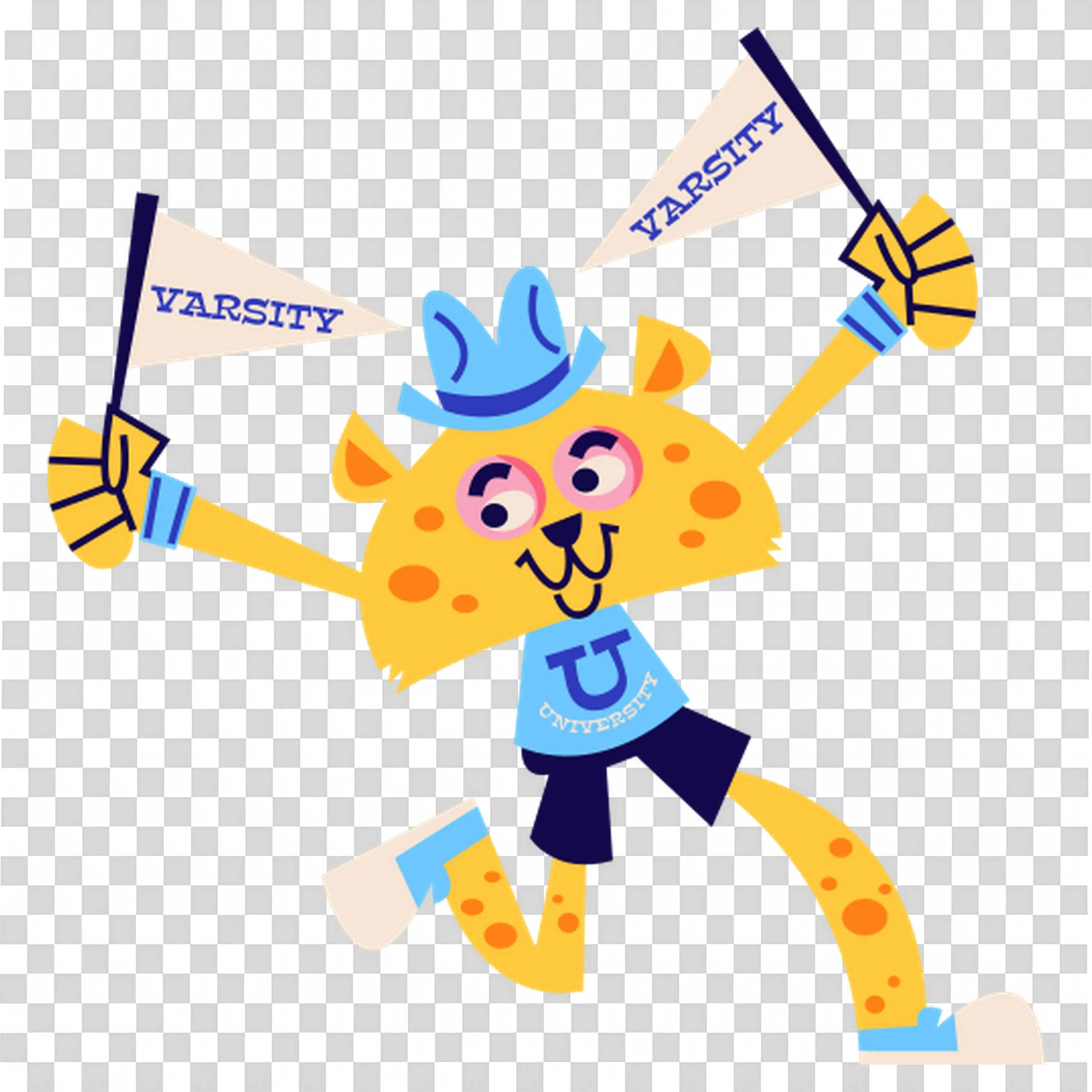 Cartoon Cat Waving Varsity Flags to Show School Pride Png