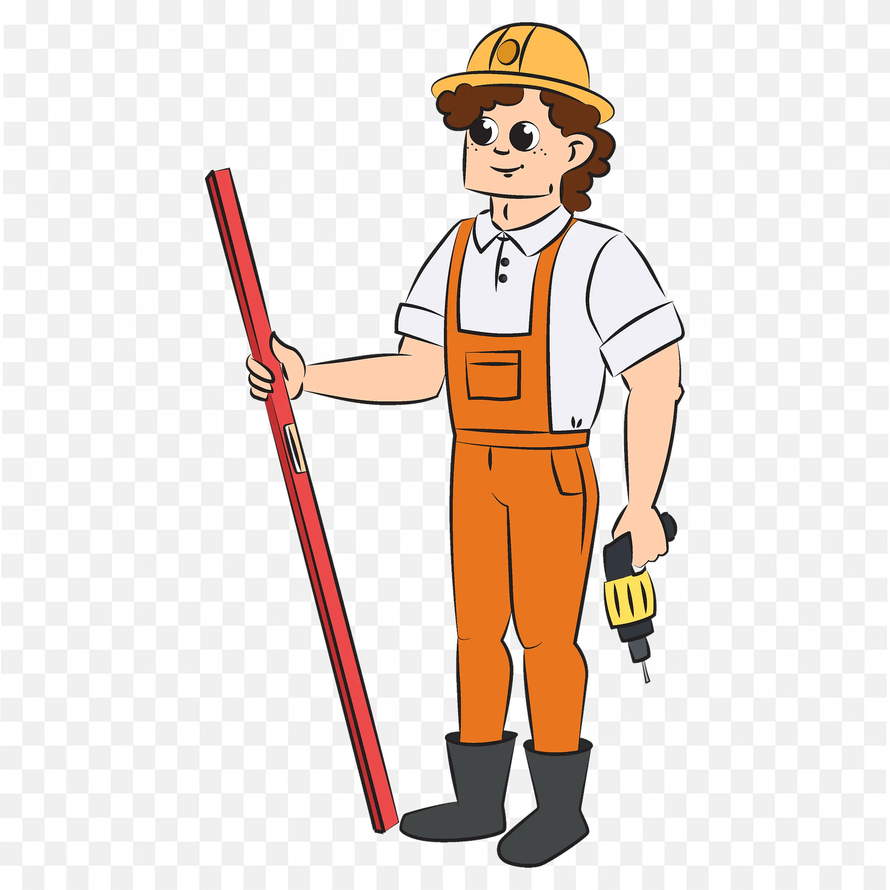 Cartoon Construction Worker with Tools in Hand Free PNG