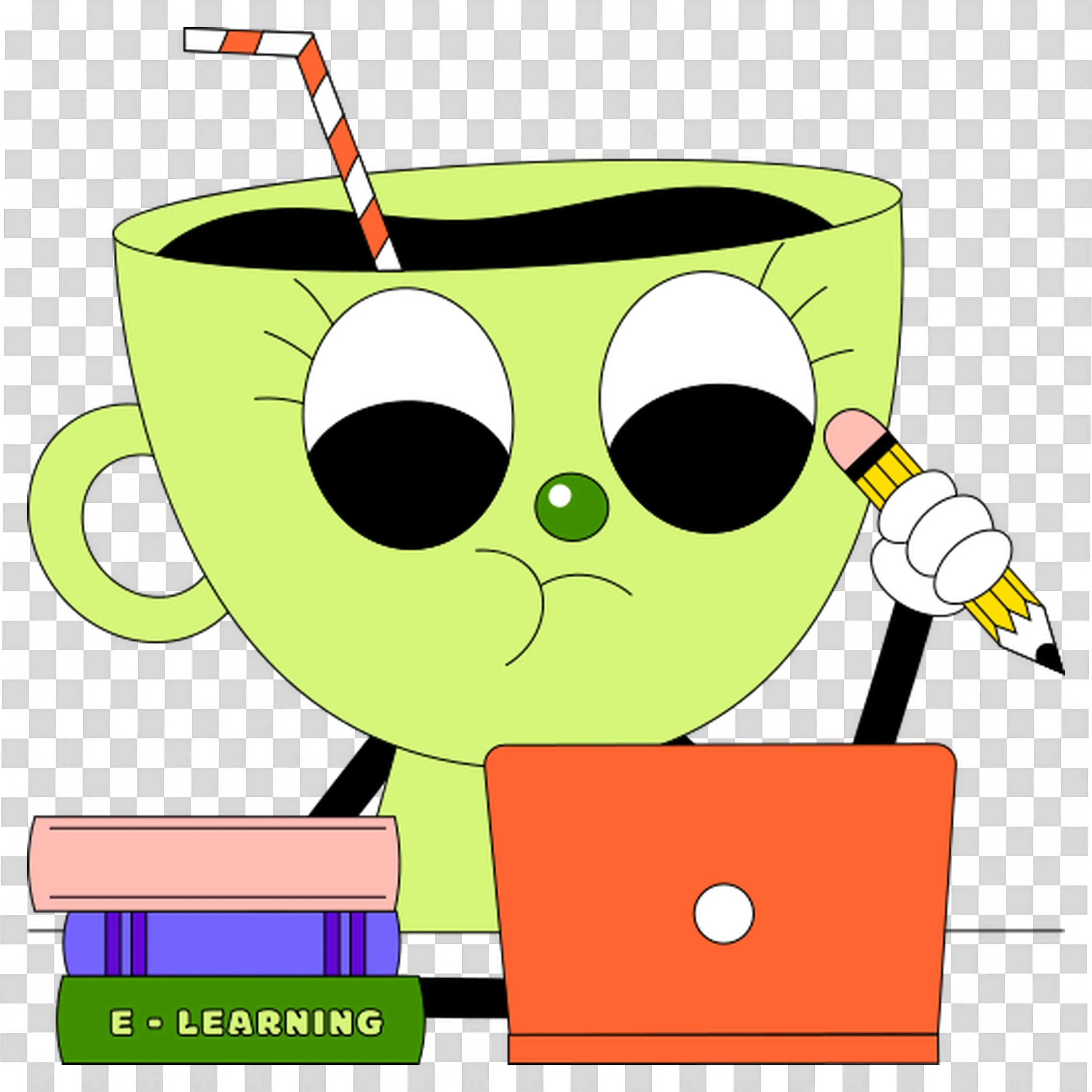 Cartoon Cup Studying with a Laptop and E Learning Books