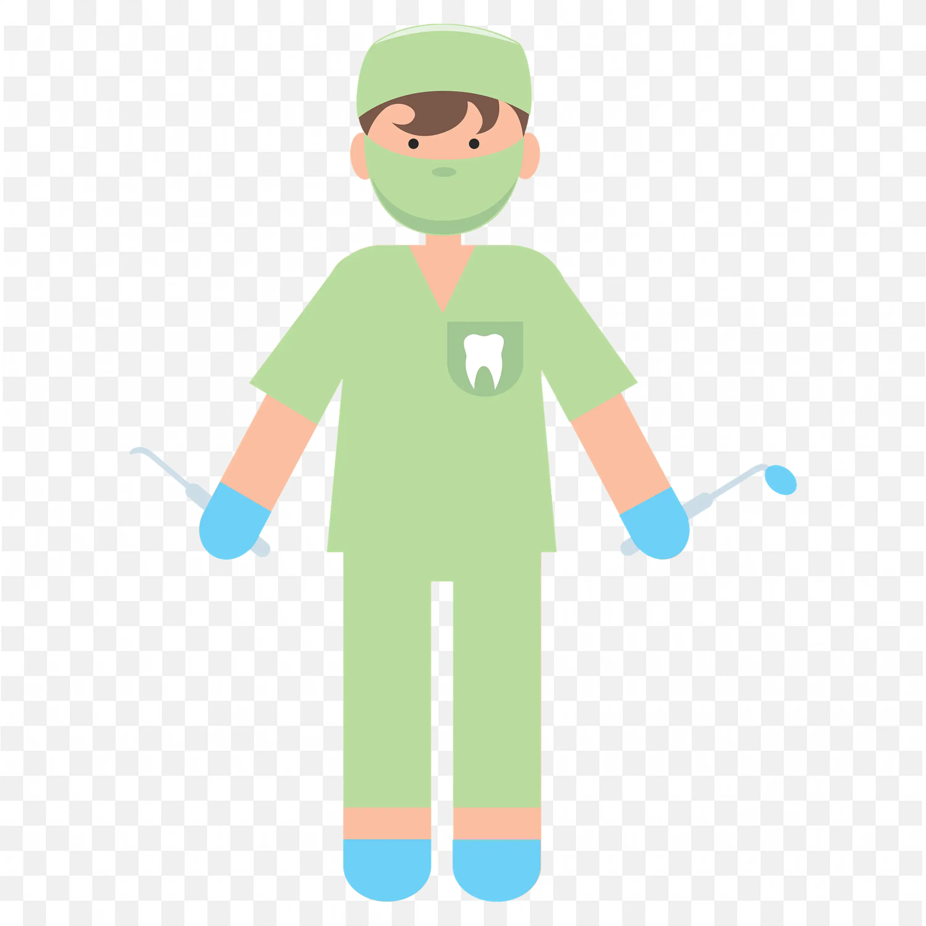 Cartoon Dentist Character in Green Dress and Tools PNG