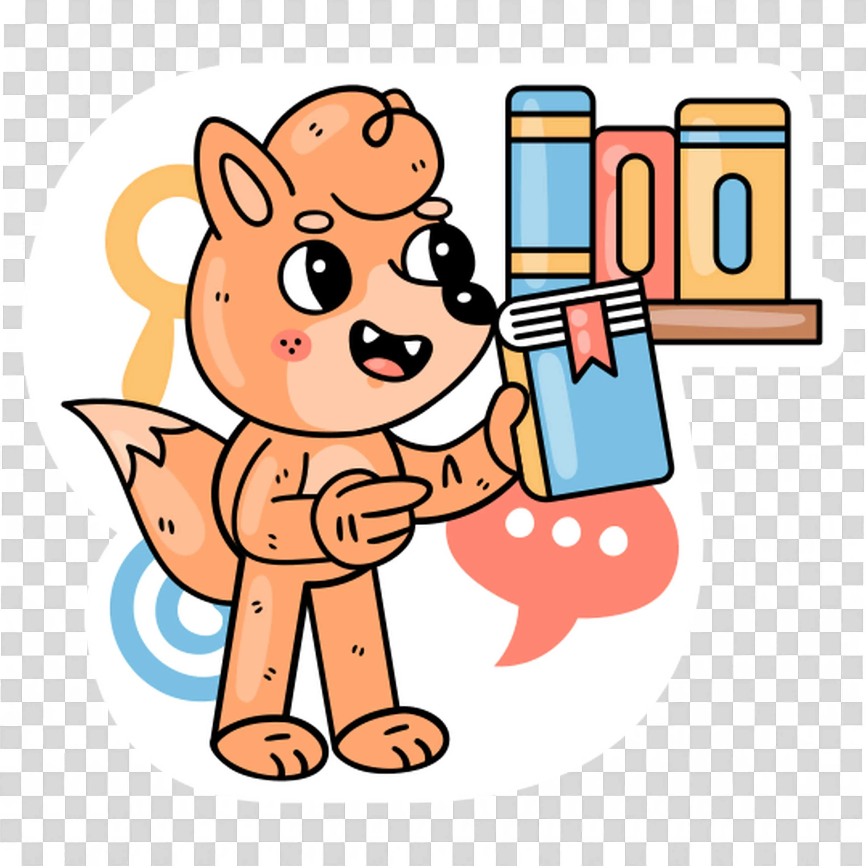 Cartoon Fox Selecting a Book from a Colourful Bookshelf Png