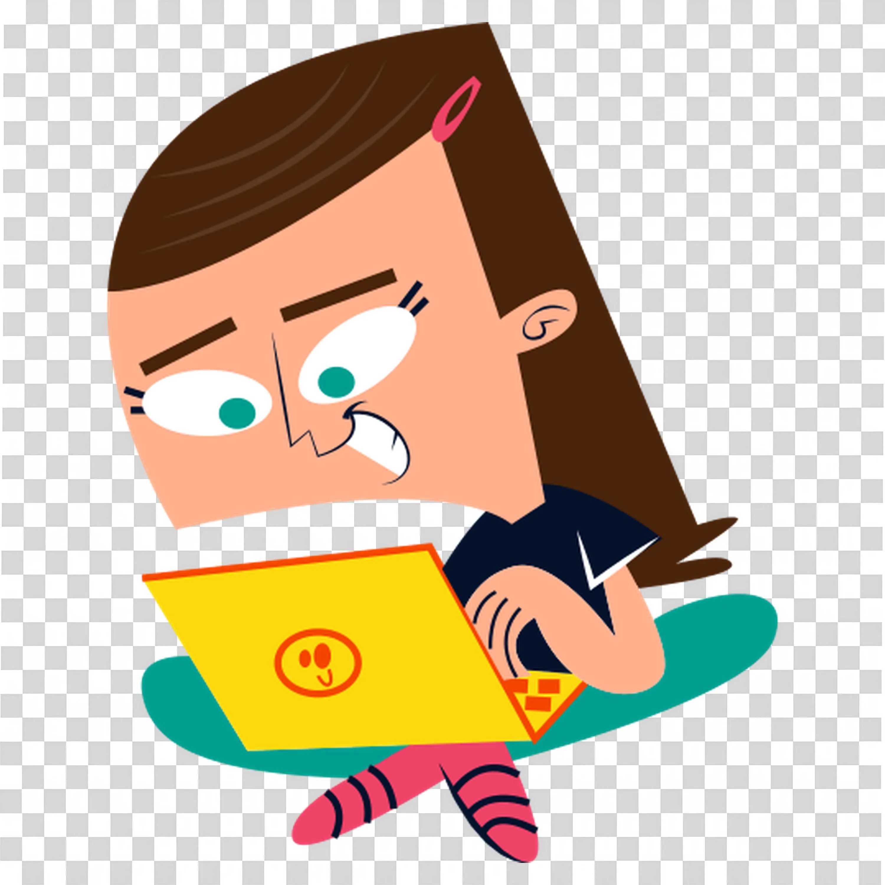 Cartoon Girl Focused and Working Intensely on Her Laptop