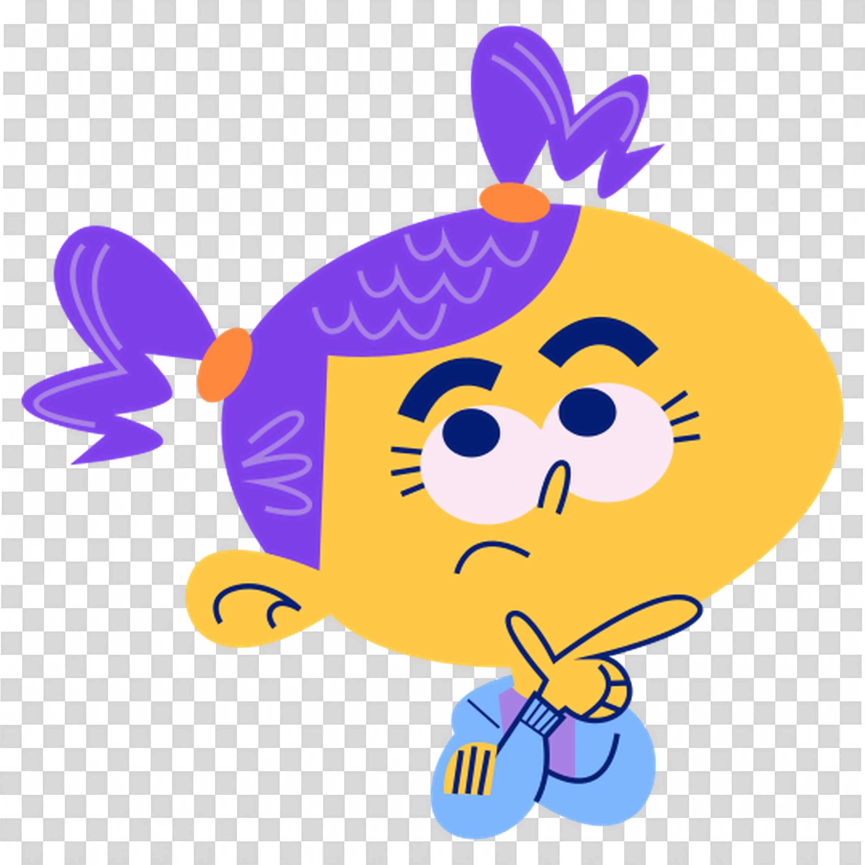 Cartoon Girl with Purple Hair Thinking and Pondering Ideas