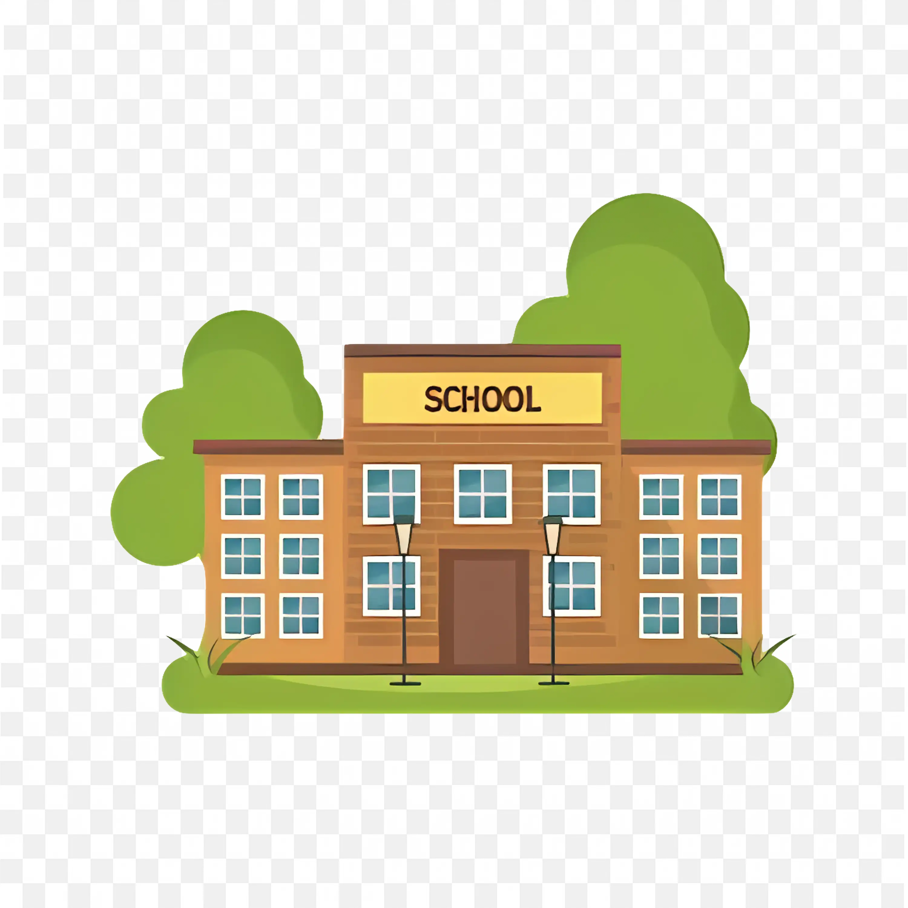 Cartoon Illustration of a School Building with Trees PNG
