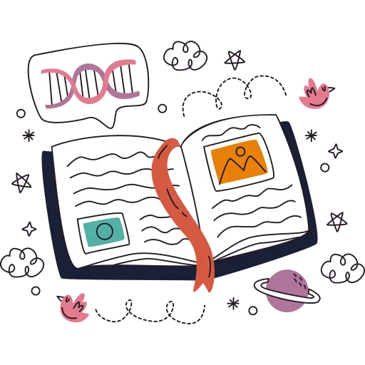 Cartoon Open Book with DNA Represents Science Study
