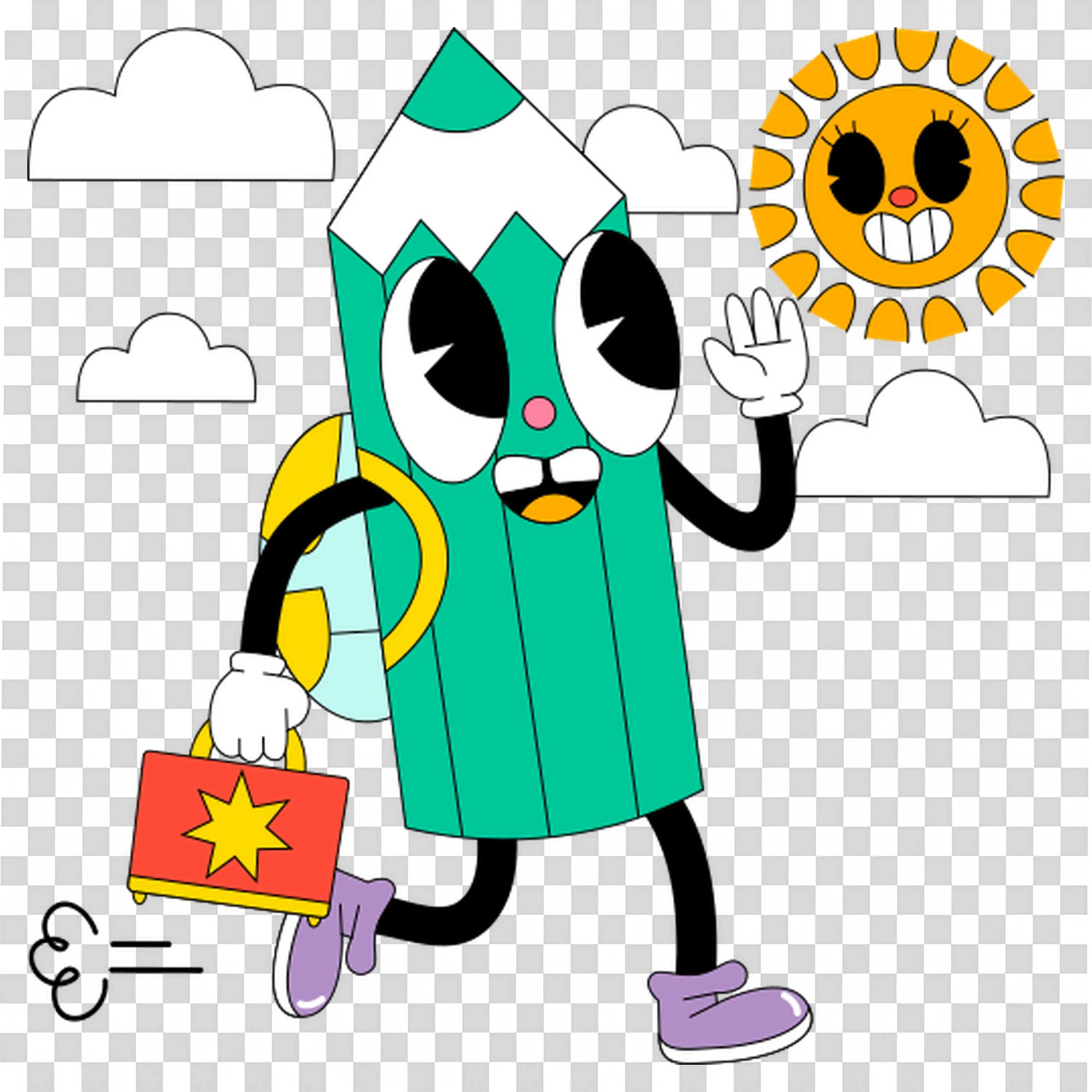 Cartoon Pencil with Suitcase Waving Hands to the Sun Png